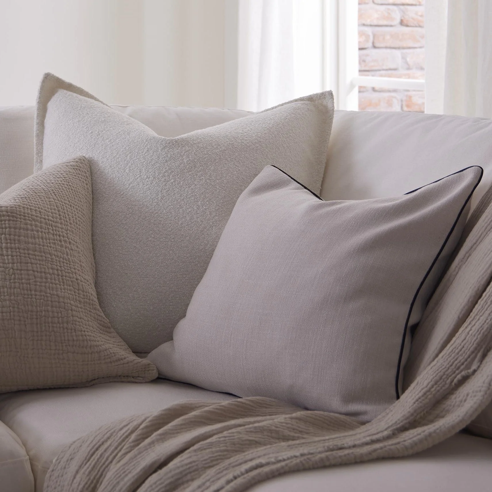 Linen Look Piped Edge Sofa Cushion Cover - Stone/Black - Image 4