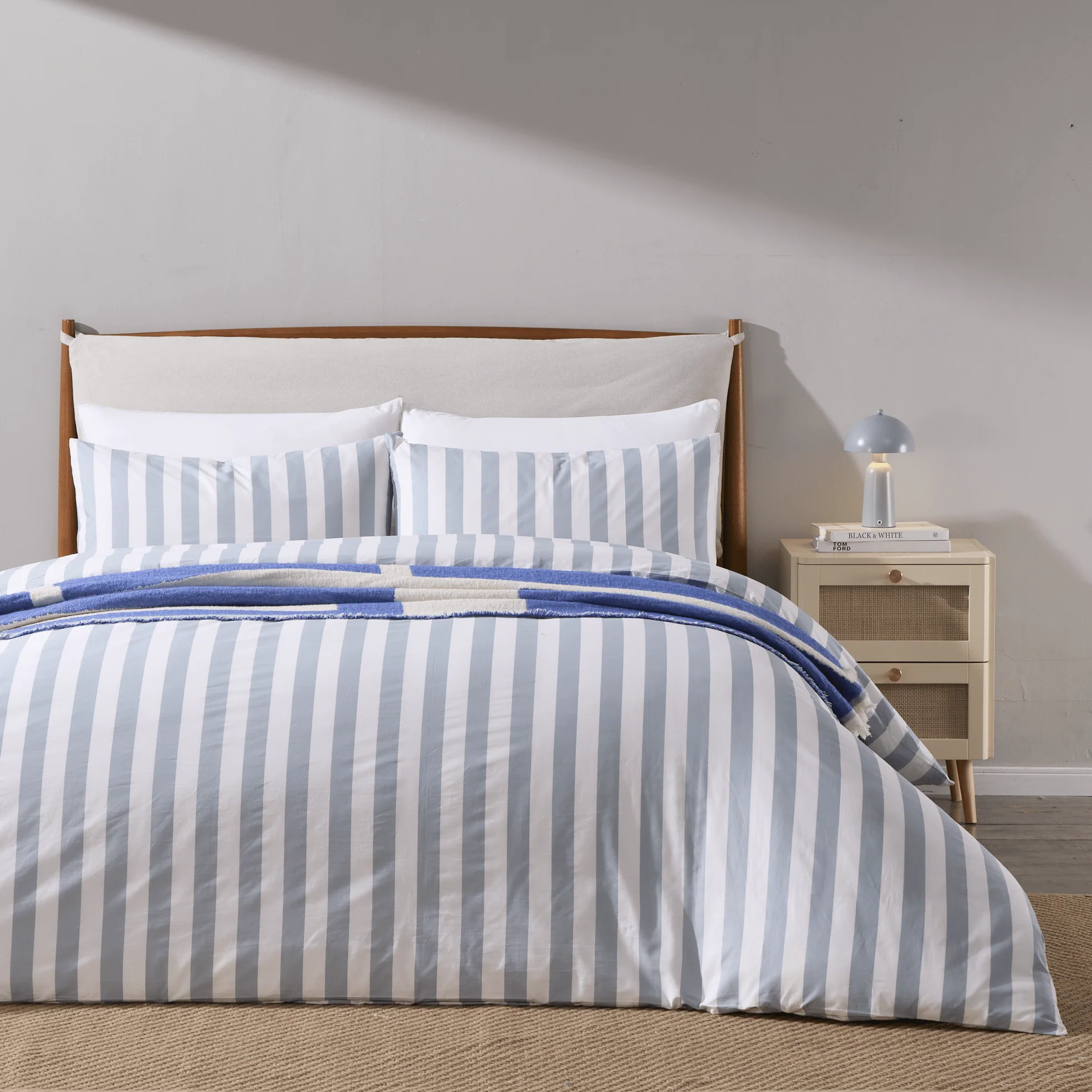 Livia 100% Cotton Wide Printed Stripe Duvet Cover & Pillowcase Set - French Blue