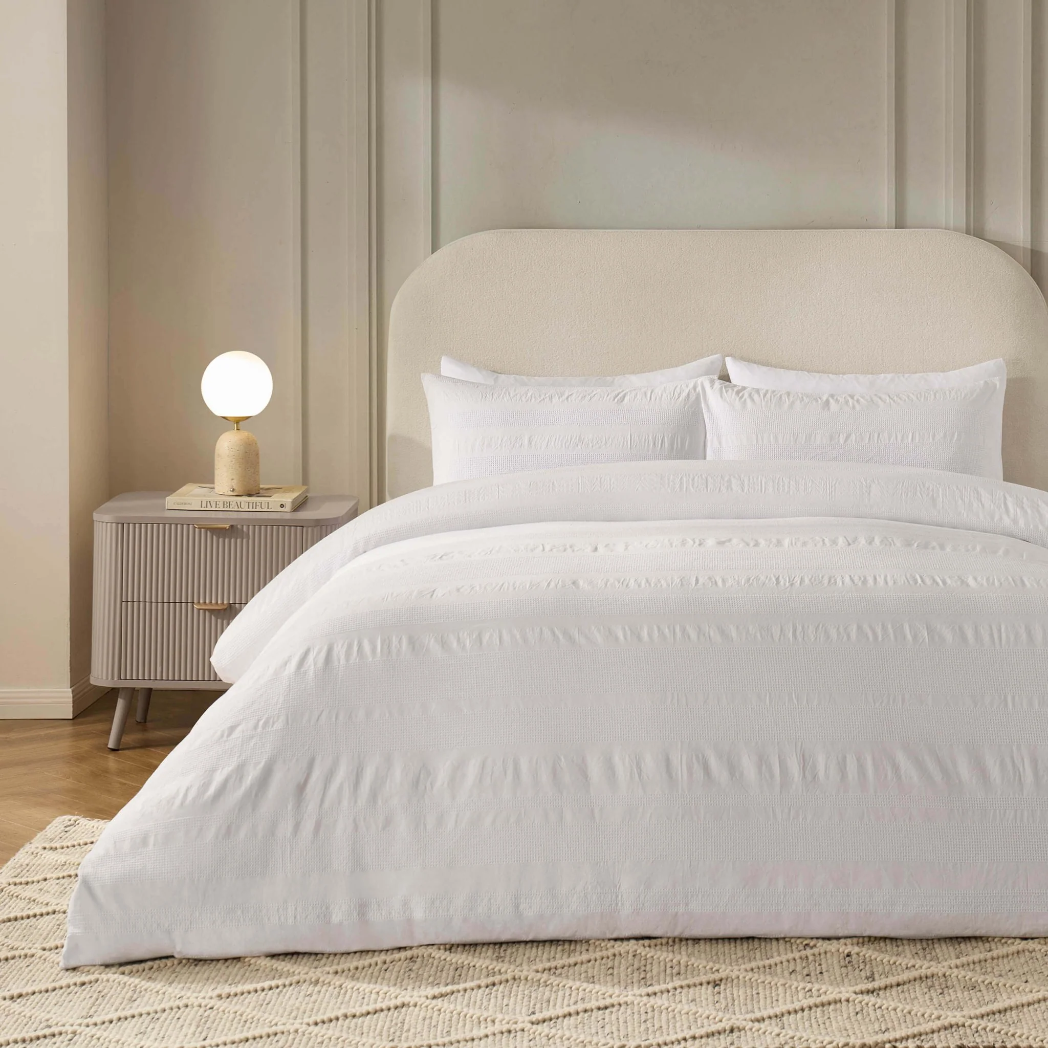 Logan 100% Cotton Waffle Stripe Duvet Cover & Pillowcase Set - White - Image 2