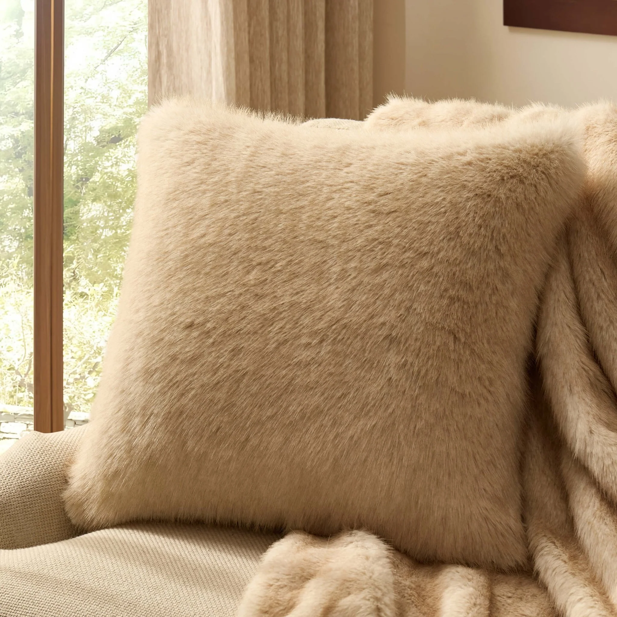 Long Faux Fur Sofa Cushion Cover - Natural
