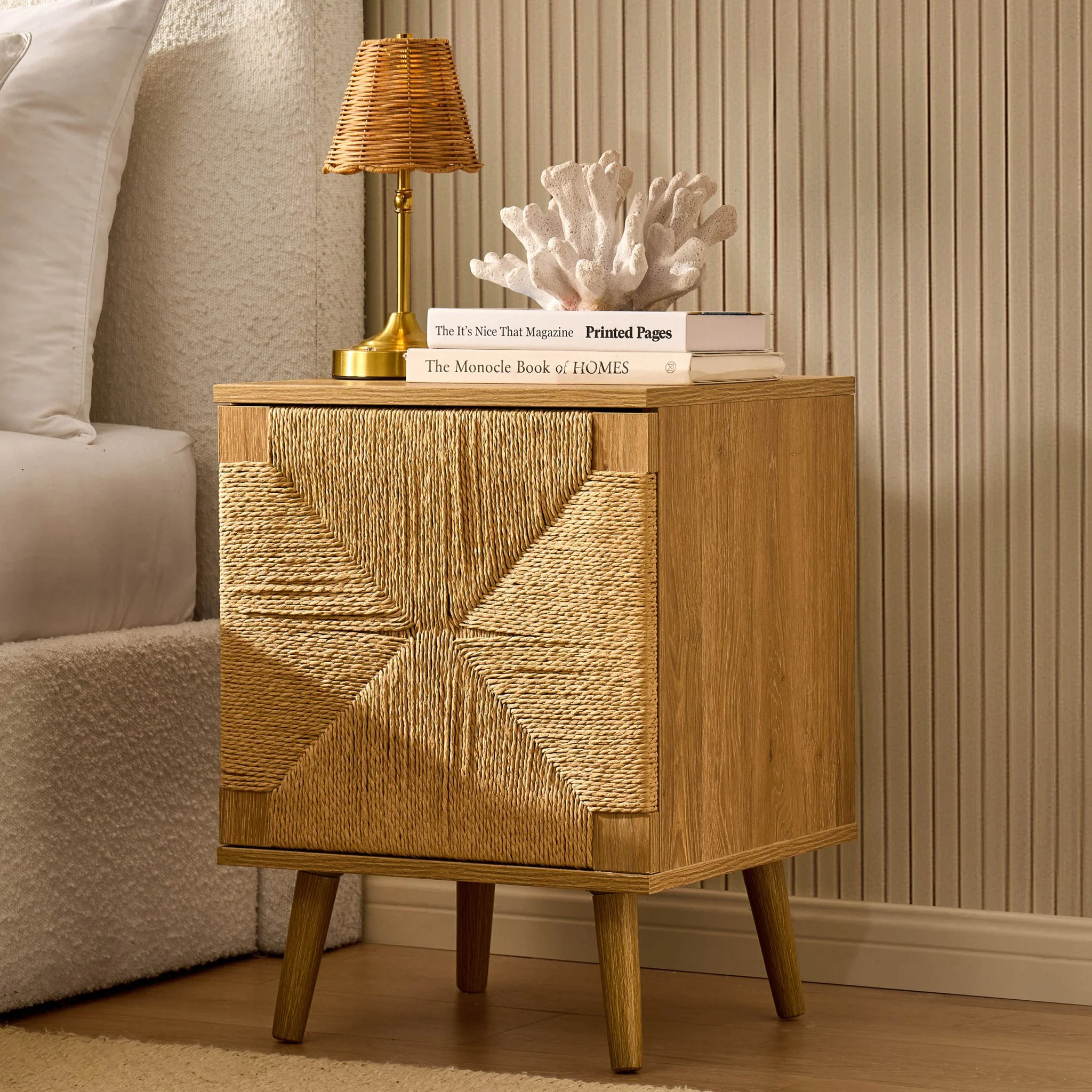 Lottie Woven Bedside Table with Door - Light Wood