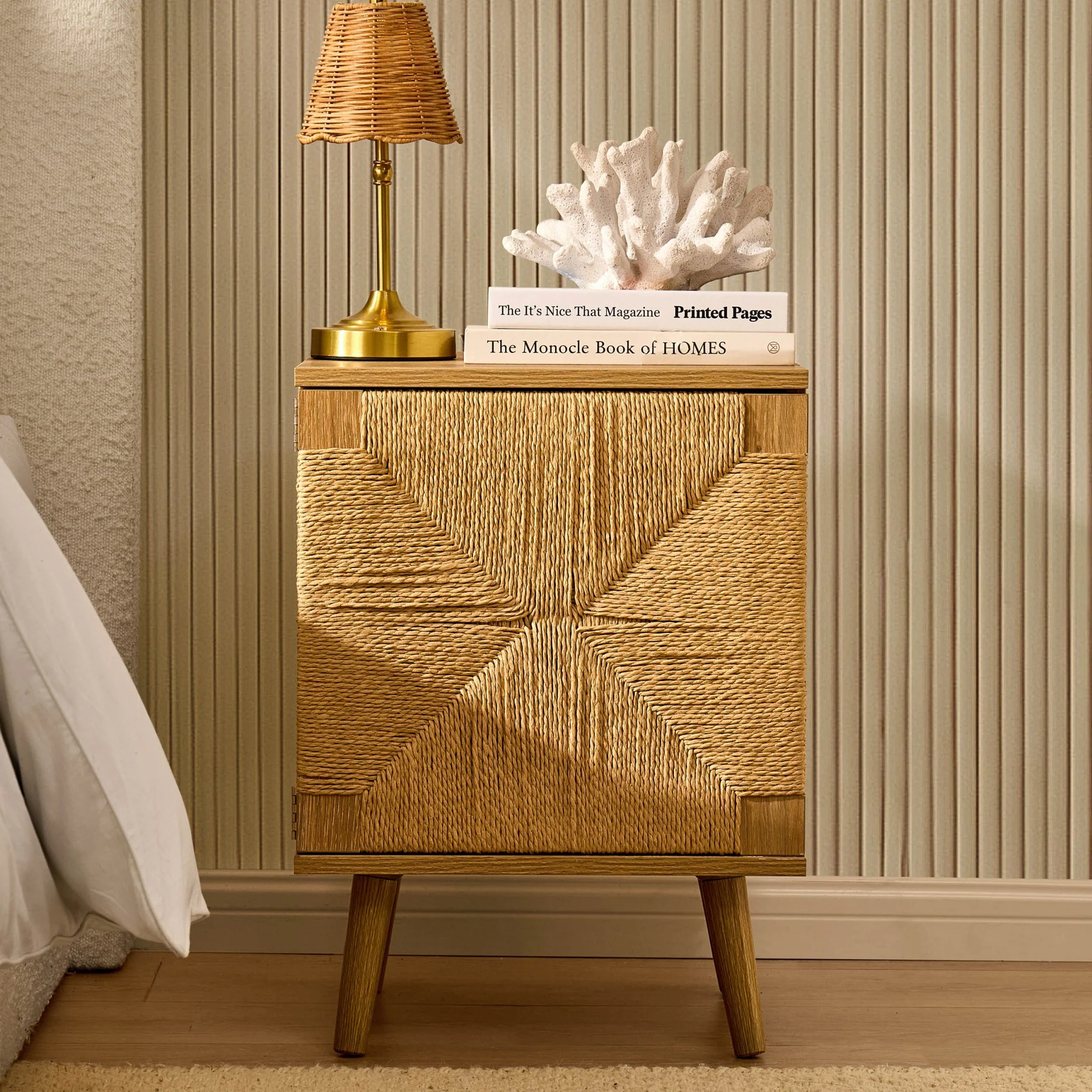 Lottie Woven Bedside Table with Door - Light Wood - Image 2