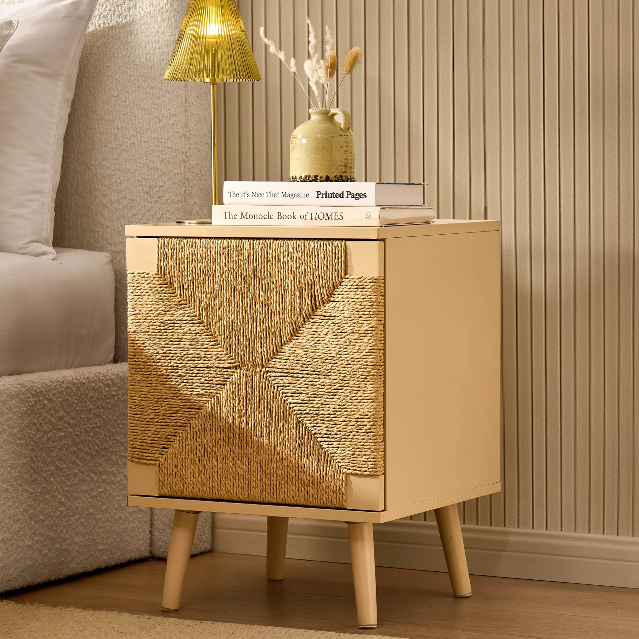 Lottie Woven Bedside Table with Door - Sand