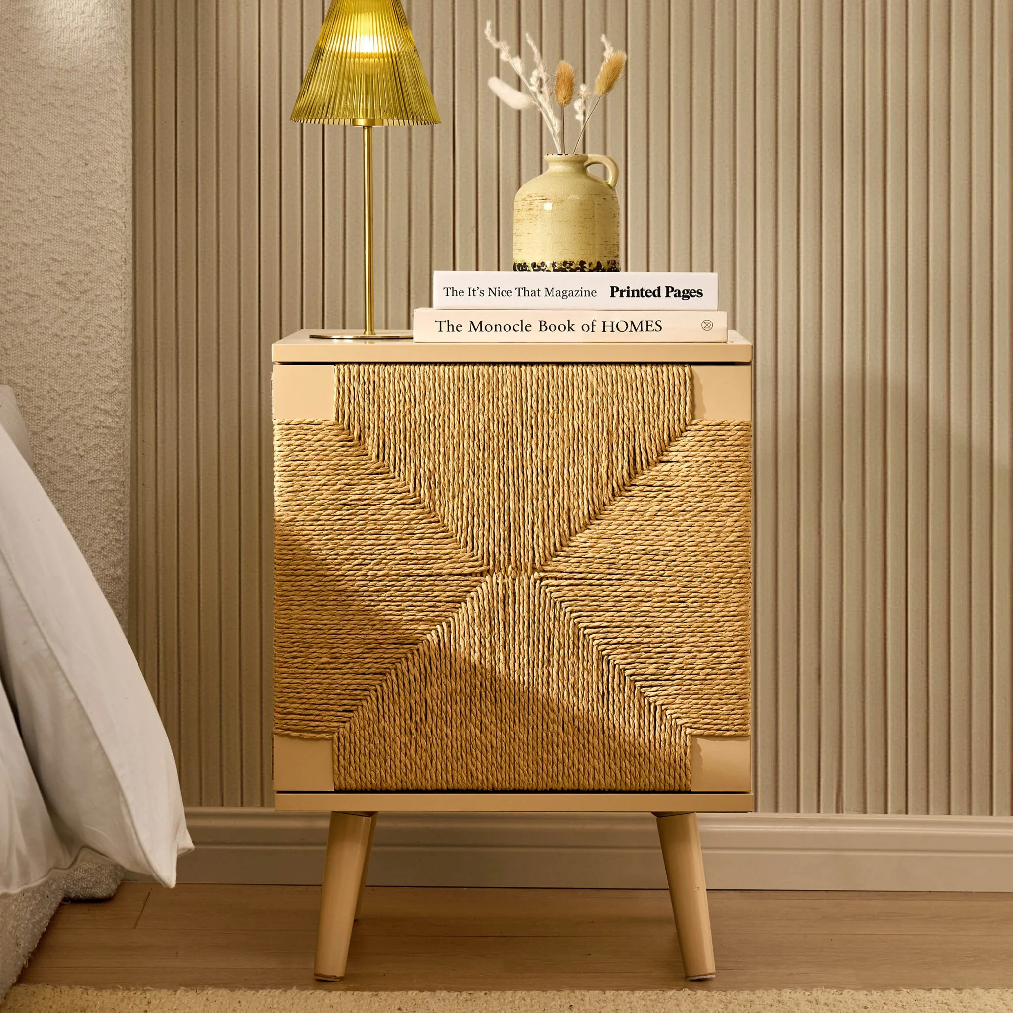 Lottie Woven Bedside Table with Door - Sand - Image 2