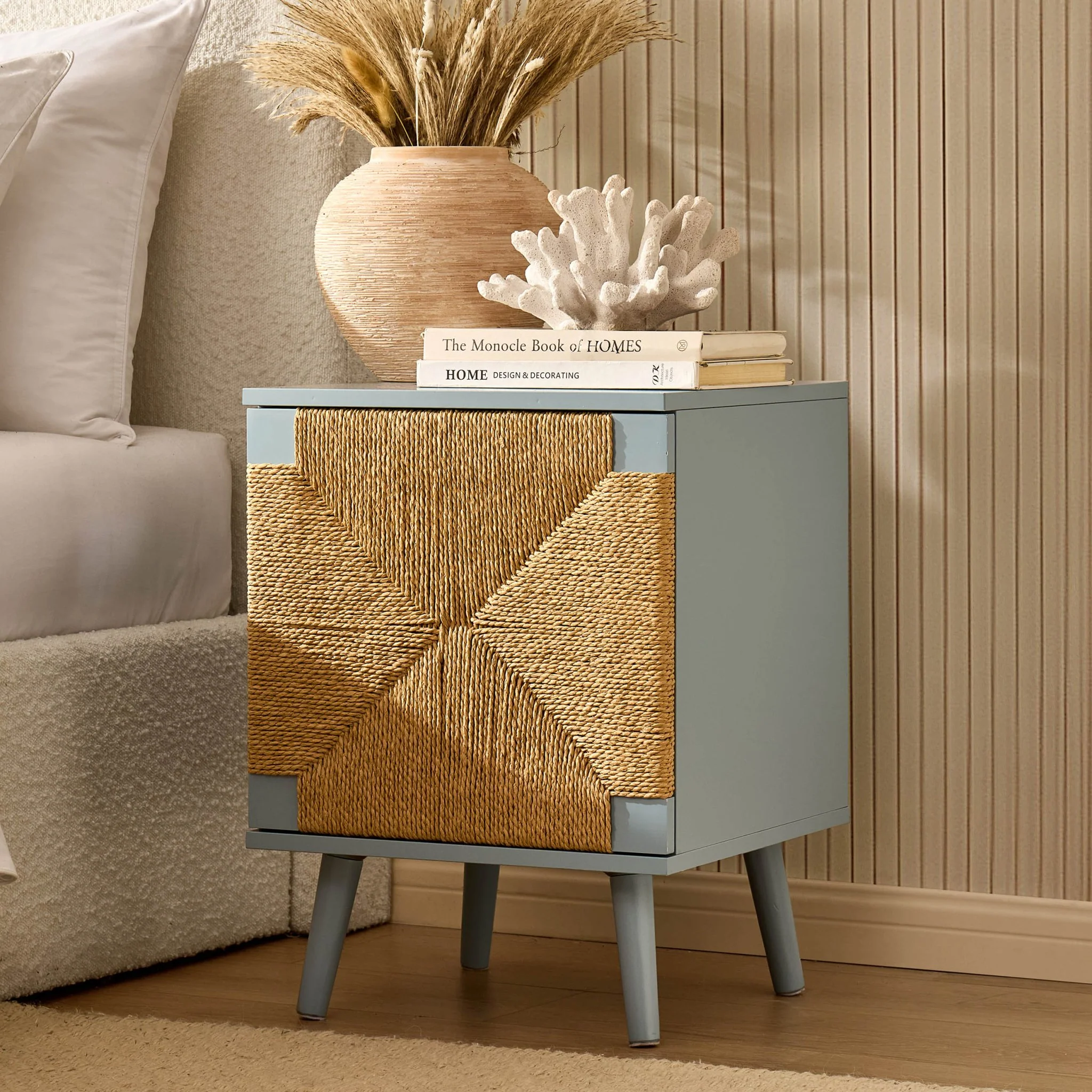 Lottie Woven Bedside Table with Door - Sky Blue