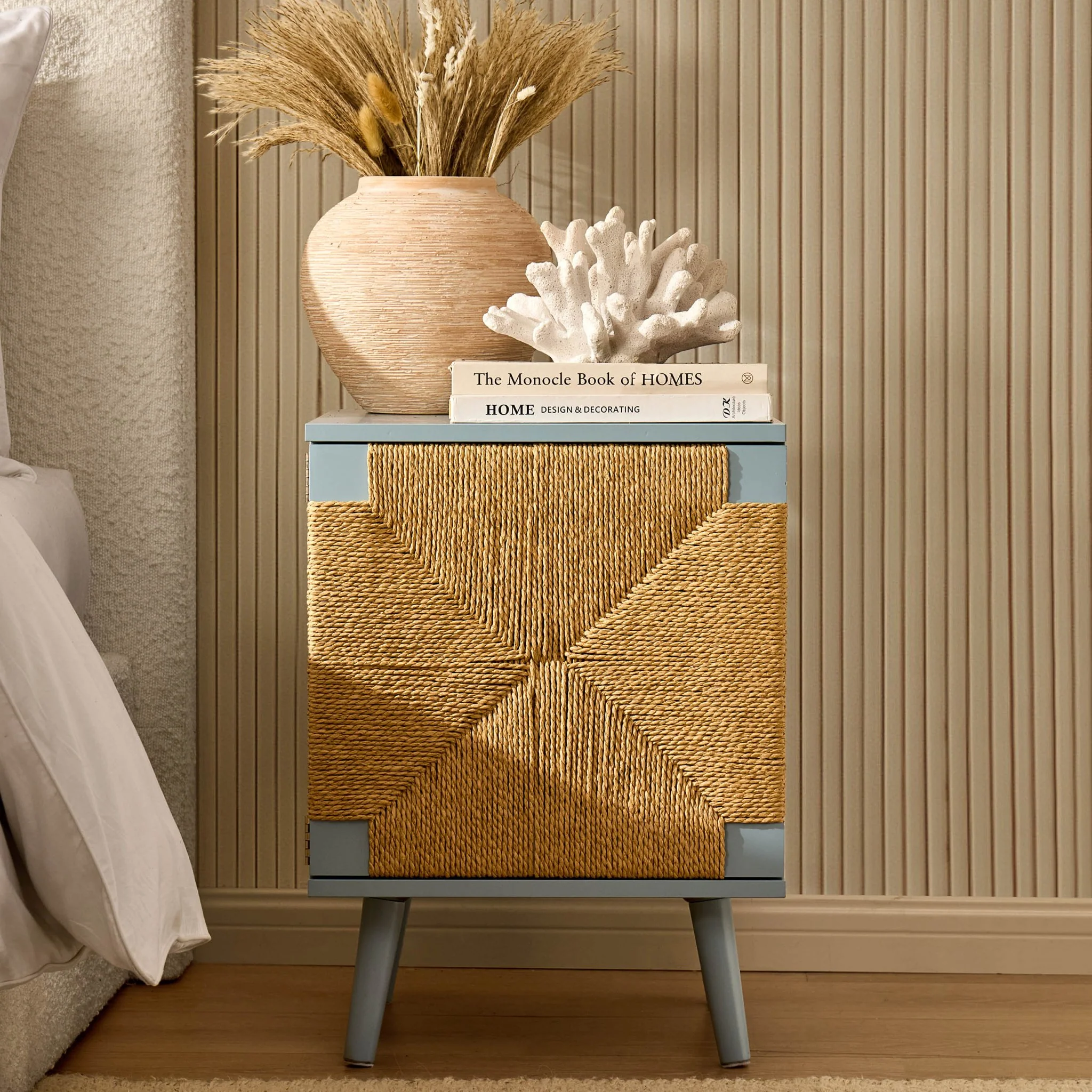 Lottie Woven Bedside Table with Door - Sky Blue - Image 2