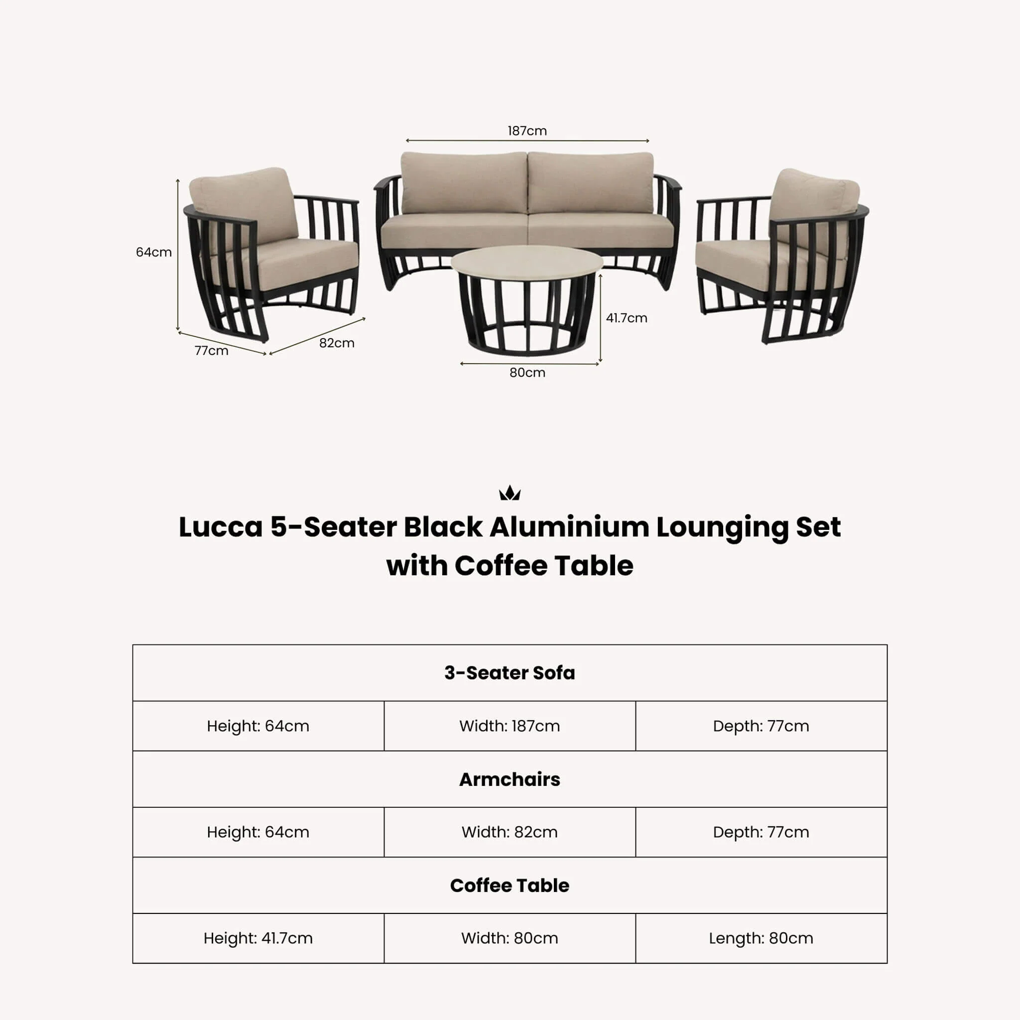 Lucca Outdoor 5 Seater Lounge Set with Coffee Table - Black - Image 13