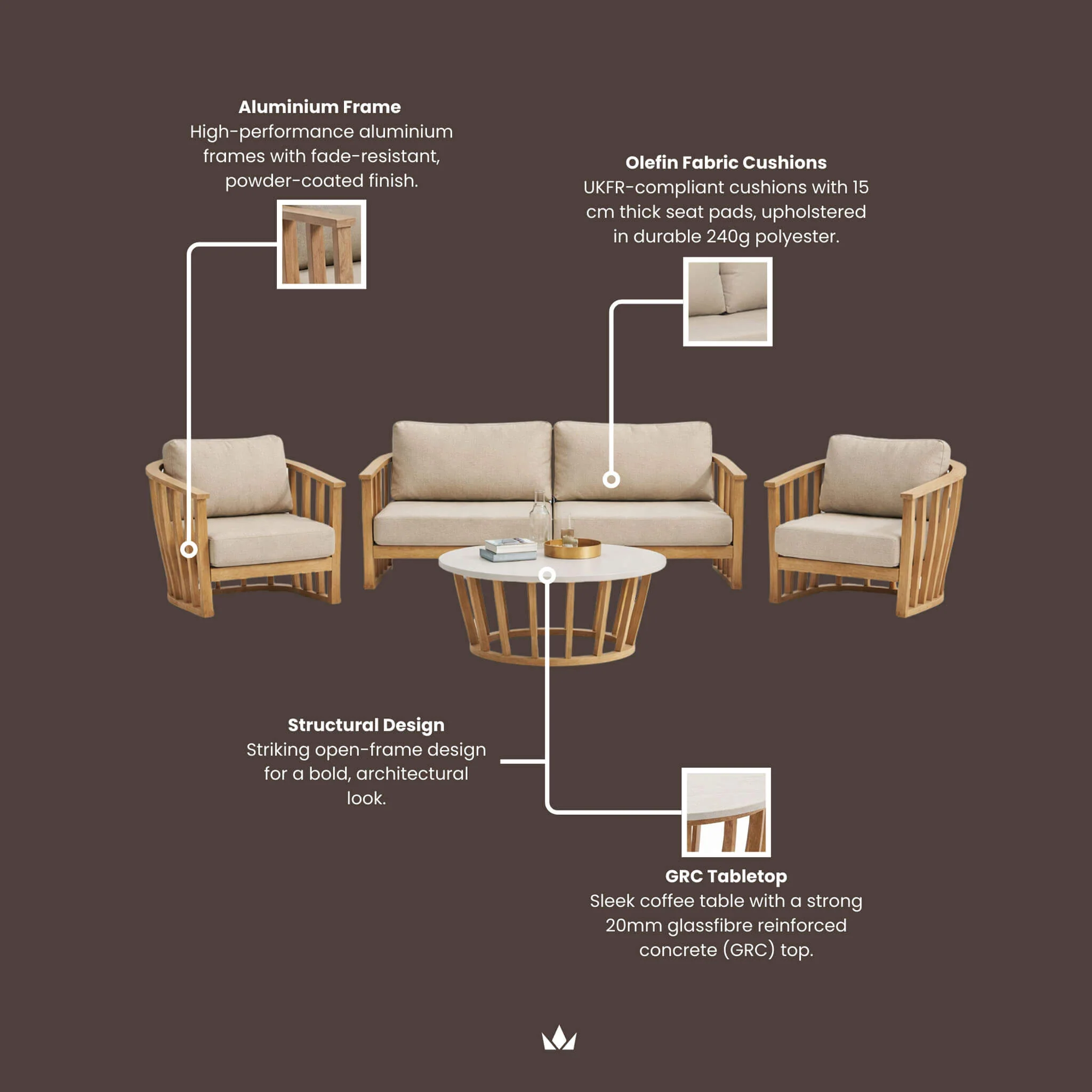 Lucca Outdoor 5 Seater Lounge Set with Coffee Table - Brown - Image 11