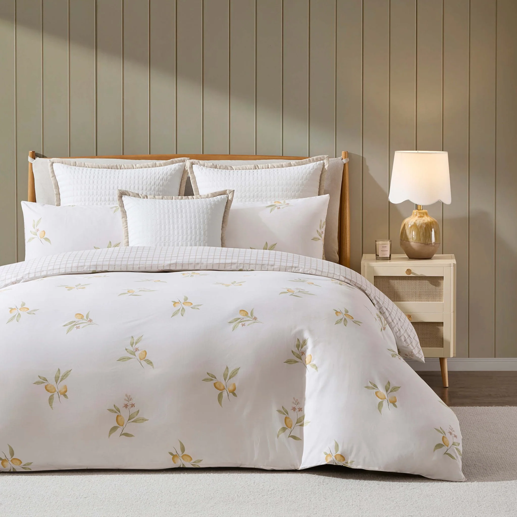 Lucie 100% Cotton Lemon & Check Reversible Duvet Cover & Pillowcase Set - Multicoloured