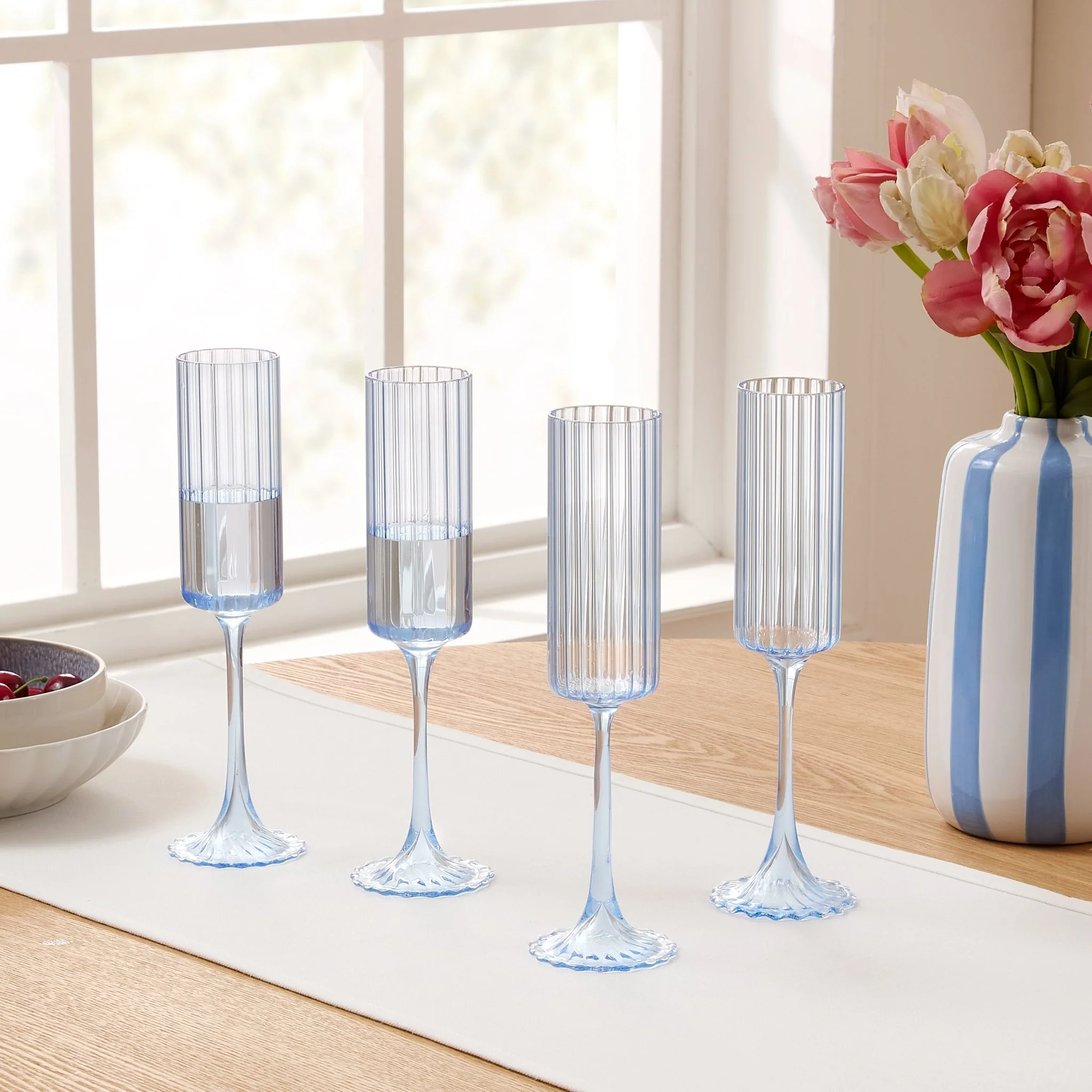 Lucinda Scalloped Edge Glass Flutes - Set of 4 - Blue
