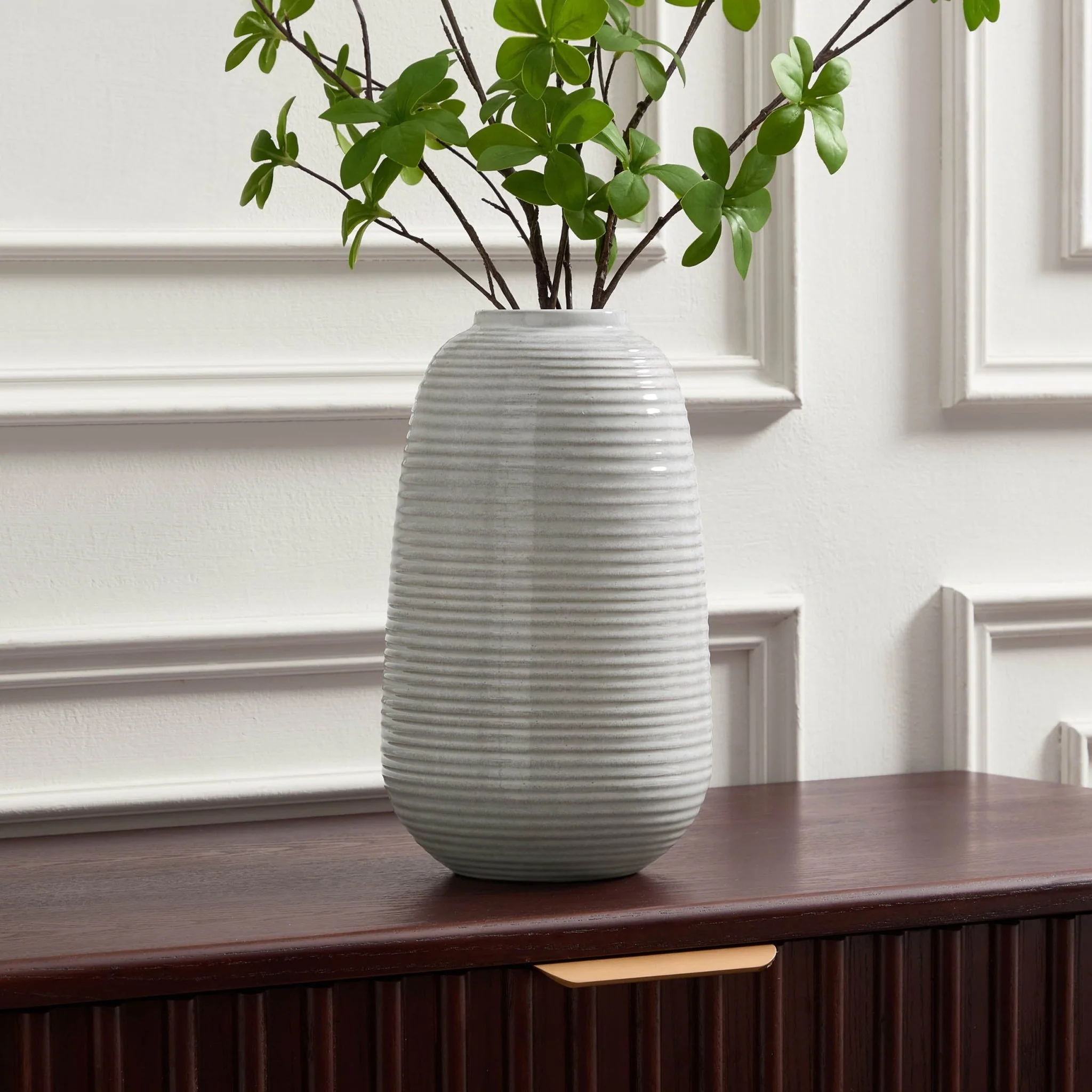 Lydia Ribbed Glaze Vase - Grey/White