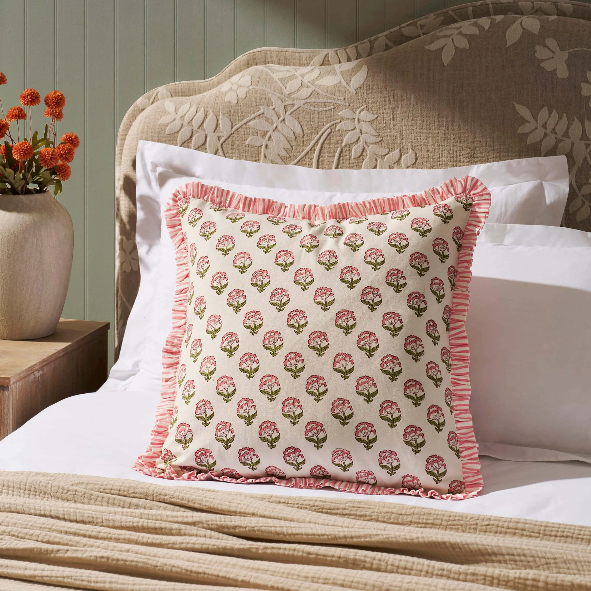 Maizie 100% Cotton Frill Edge Printed Cushion Cover - Pink