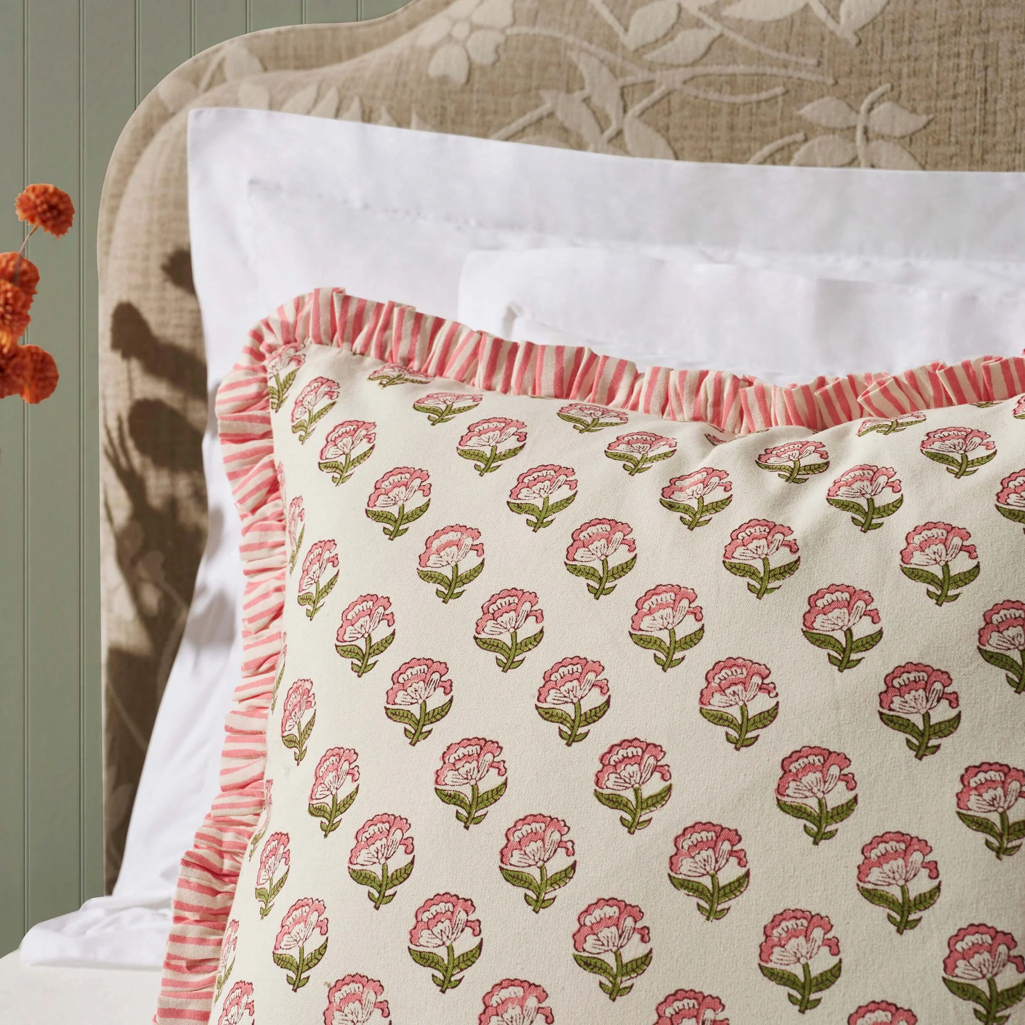 Maizie 100% Cotton Frill Edge Printed Cushion Cover - Pink - Image 2