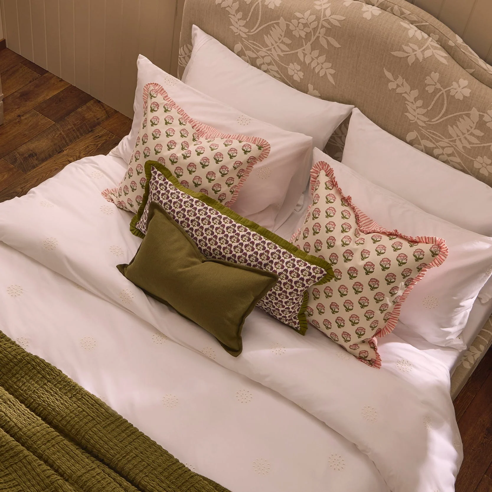 Julia 100% Cotton Box Pleat Edge Printed Cushion Cover - Purple/Green - Image 3