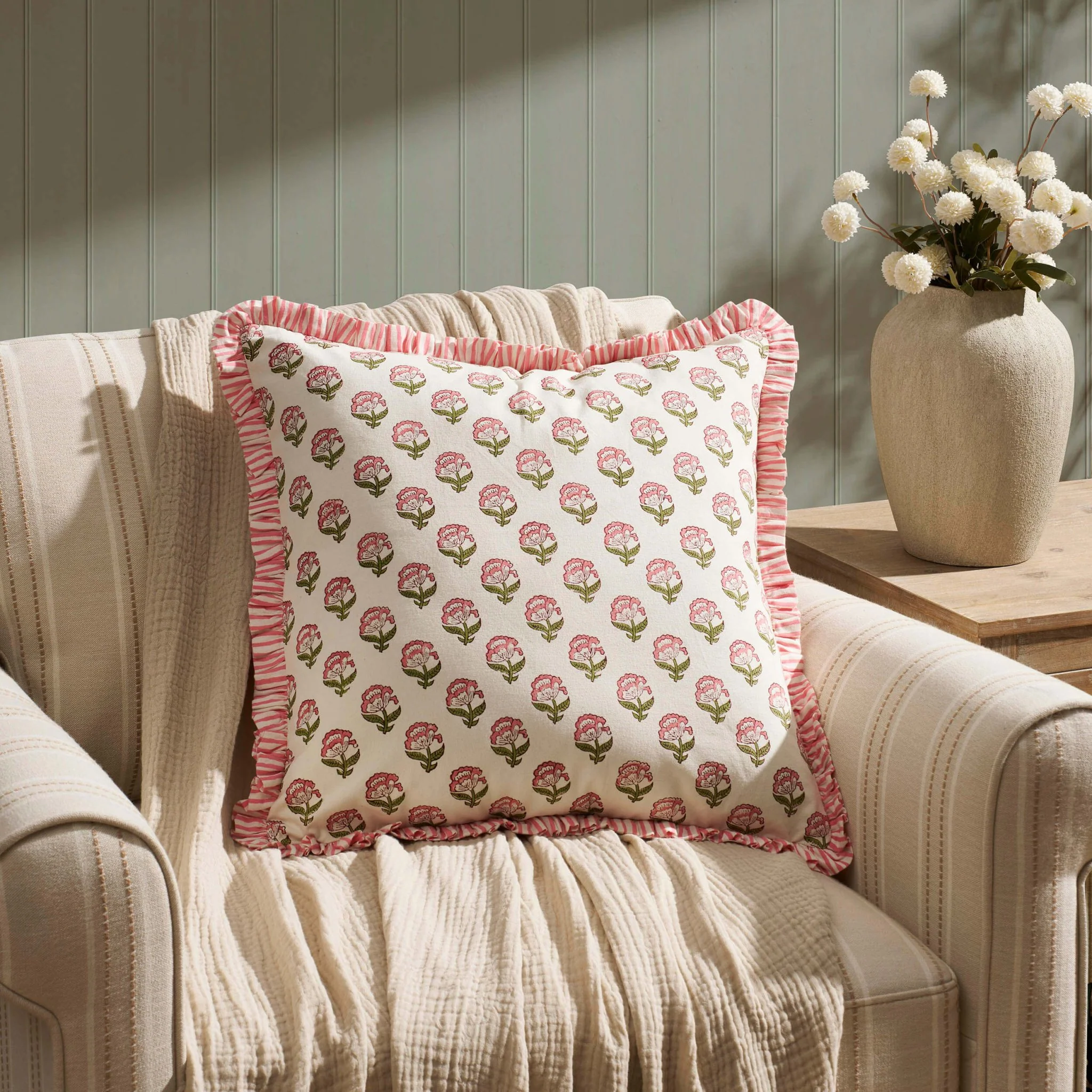 Maizie 100% Cotton Frill Edge Printed Sofa Cushion Cover - Pink