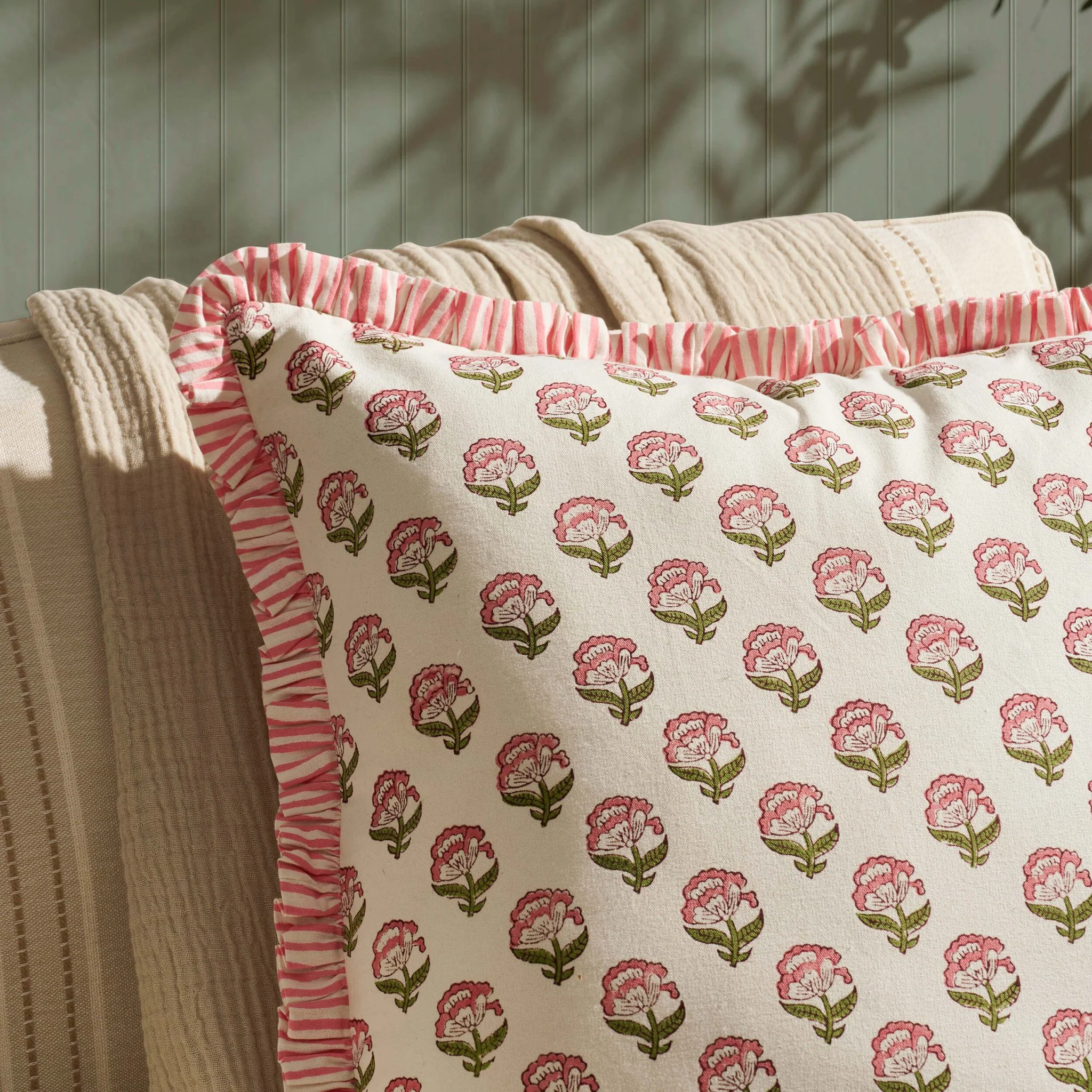 Maizie 100% Cotton Frill Edge Printed Sofa Cushion Cover - Pink - Image 2