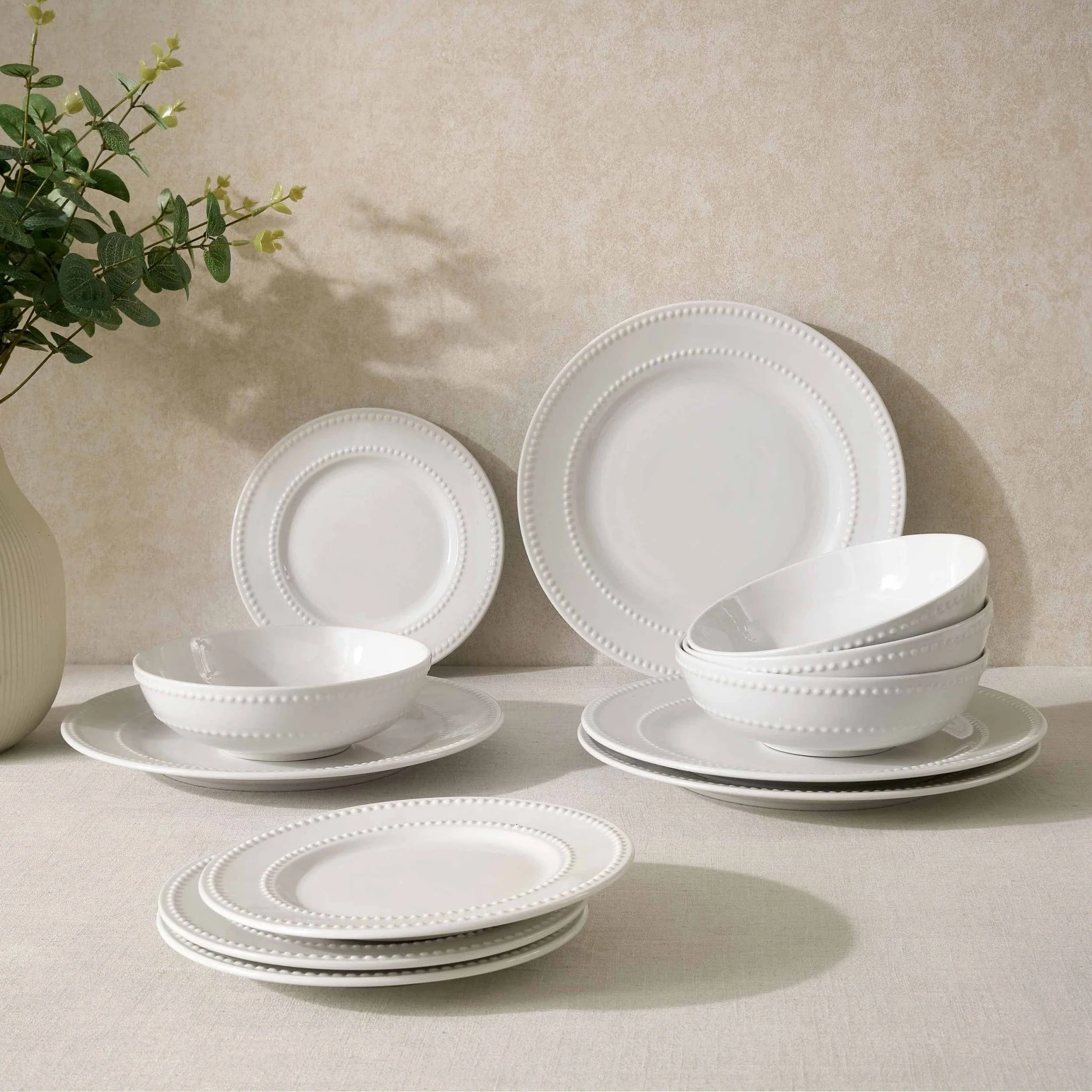 Margalo Beaded 12 Piece Dinner Set- White