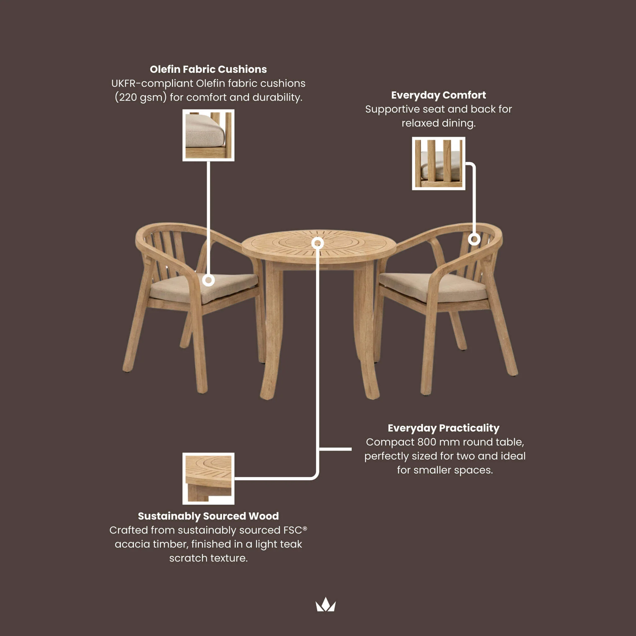 Maris Outdoor 2 Seater Round Bistro Dining Table and Chairs - Natural - Image 10