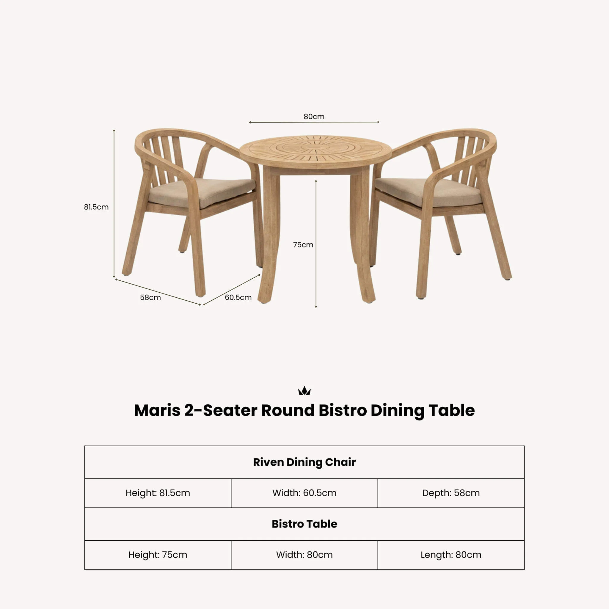 Maris Outdoor 2 Seater Round Bistro Dining Table and Chairs - Natural - Image 9