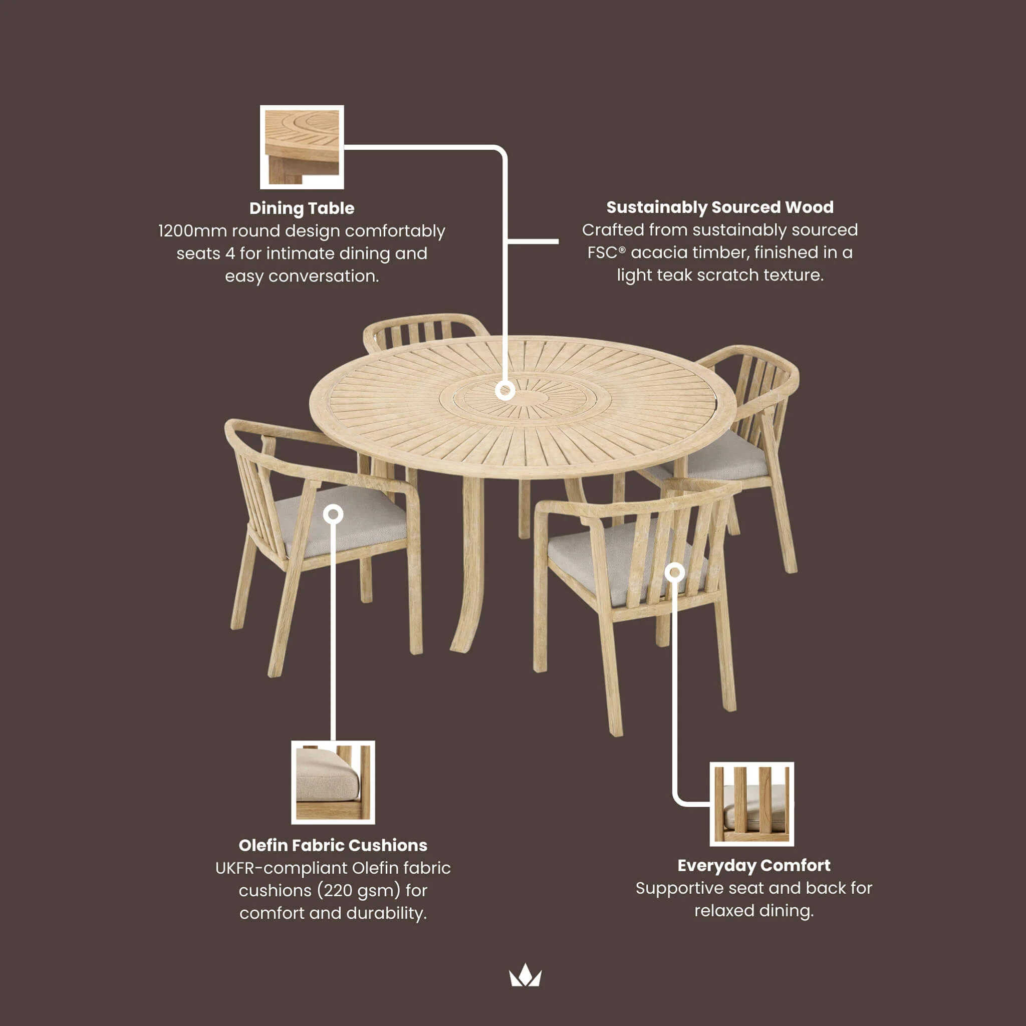 Maris Outdoor 4 Seater Round Dining Table Set - Natural - Image 10