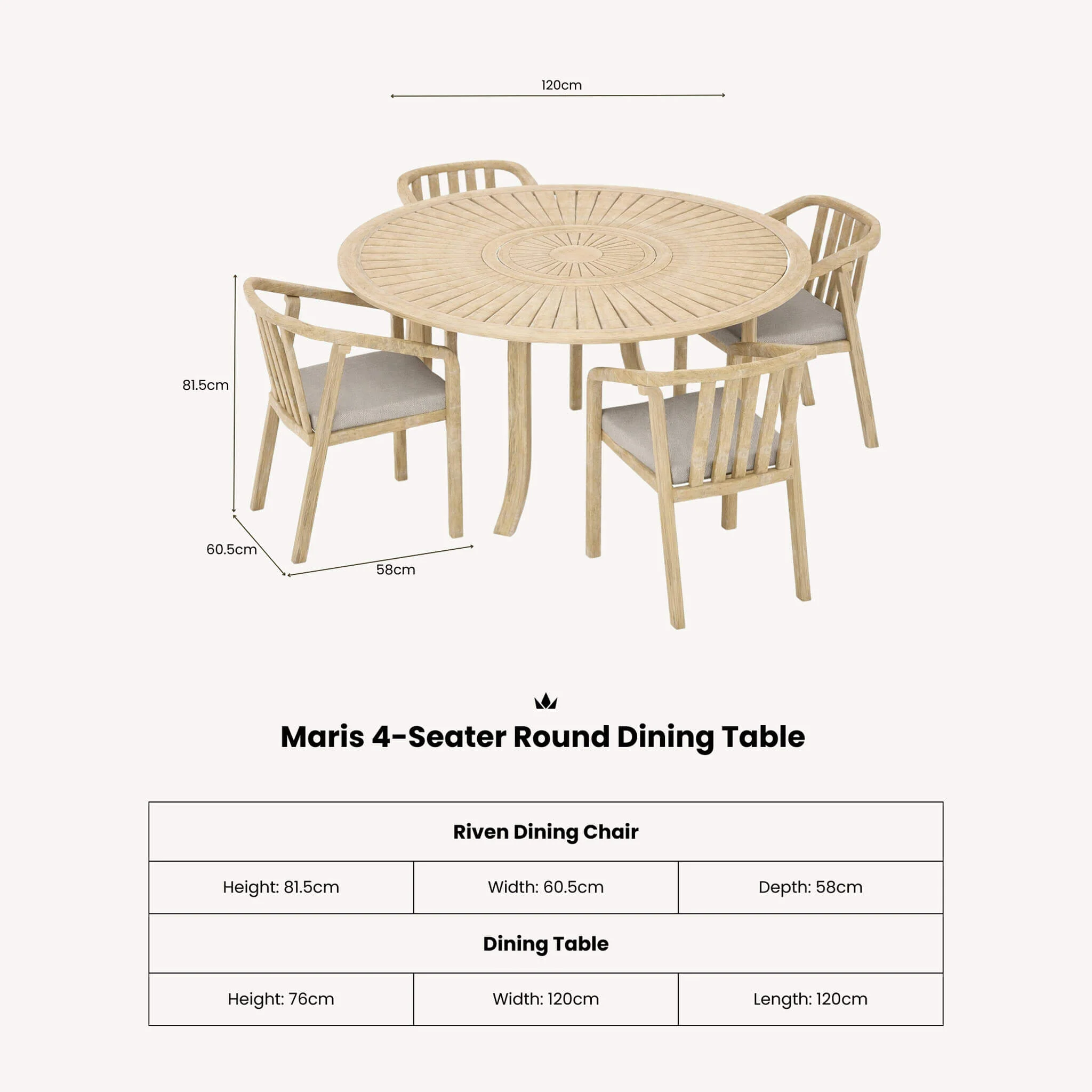 Maris Outdoor 4 Seater Round Dining Table Set - Natural - Image 11