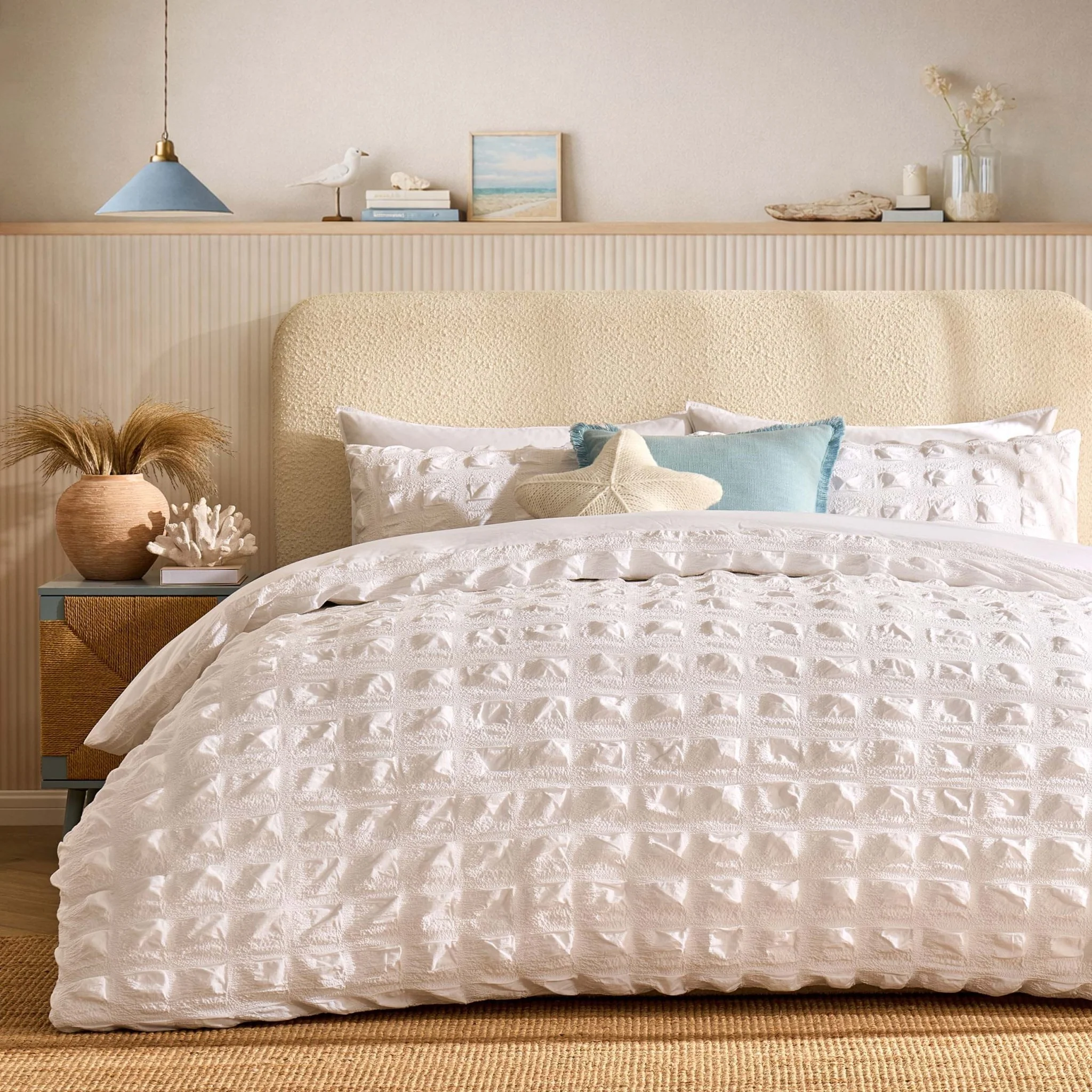 Marissa 100% Cotton Seersucker Check Duvet Cover & Pillowcase Set - White