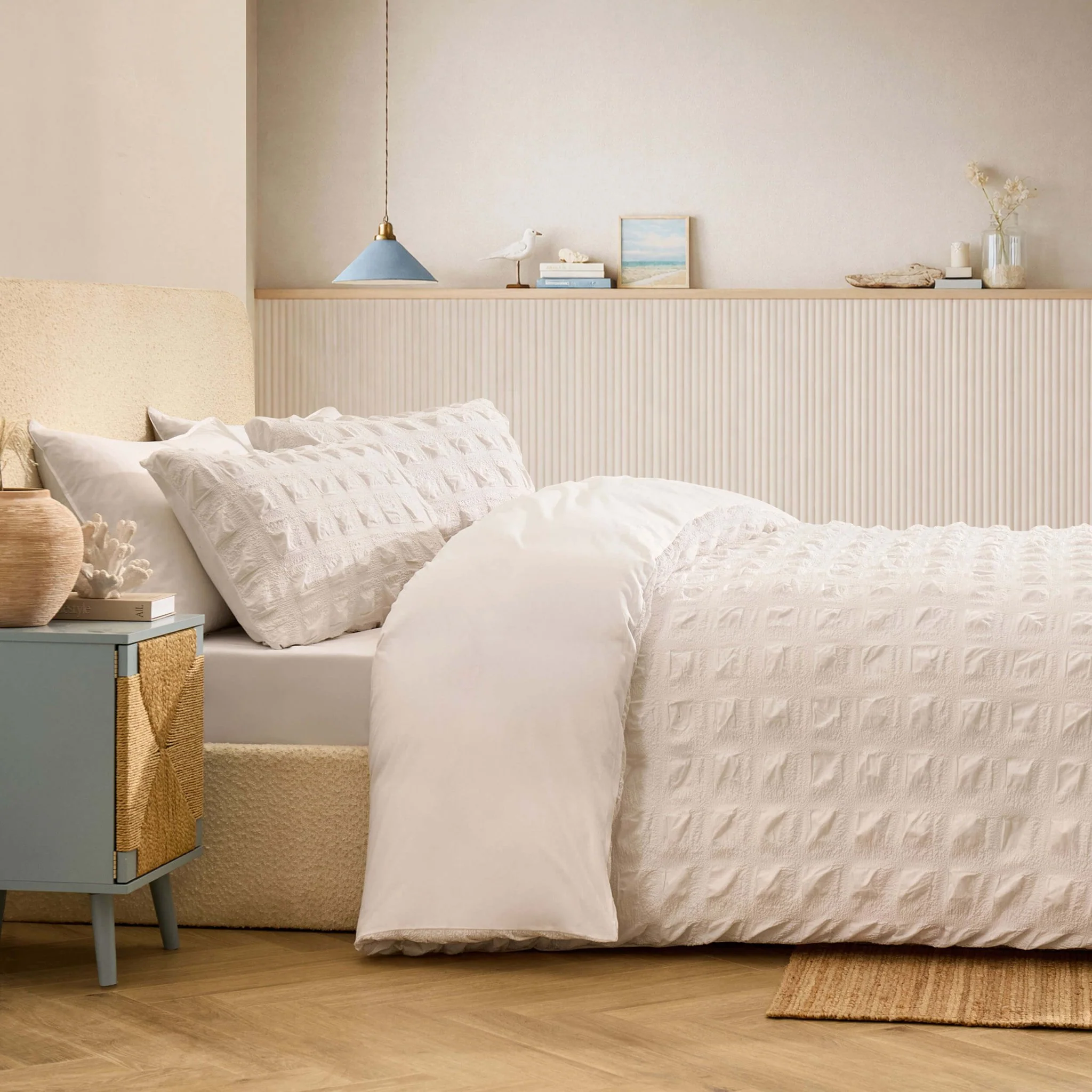Marissa 100% Cotton Seersucker Check Duvet Cover & Pillowcase Set - White - Image 2