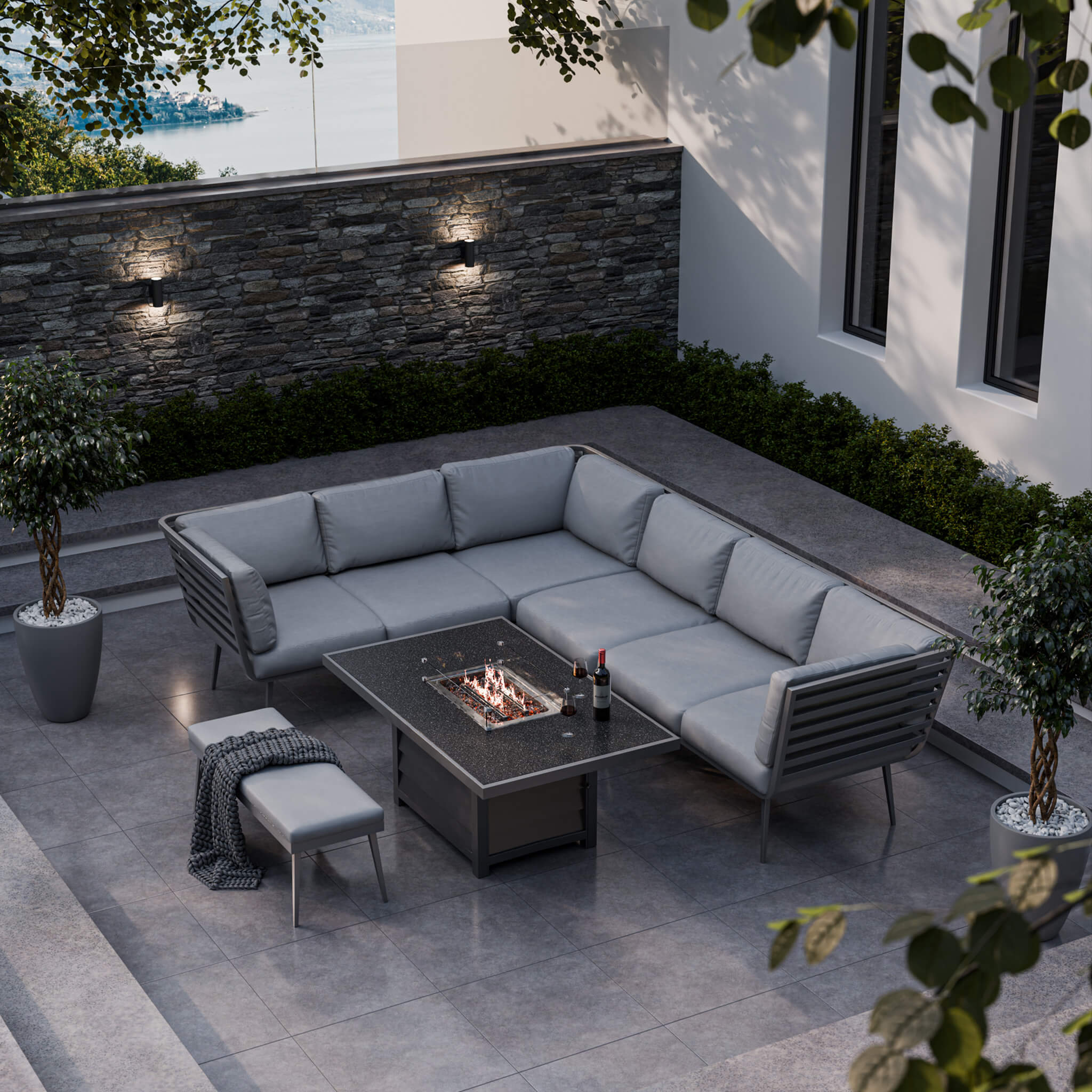 Mayfair Outdoor 8 Seater Corner Lounge Set with Fire Pit and Bench - Grey