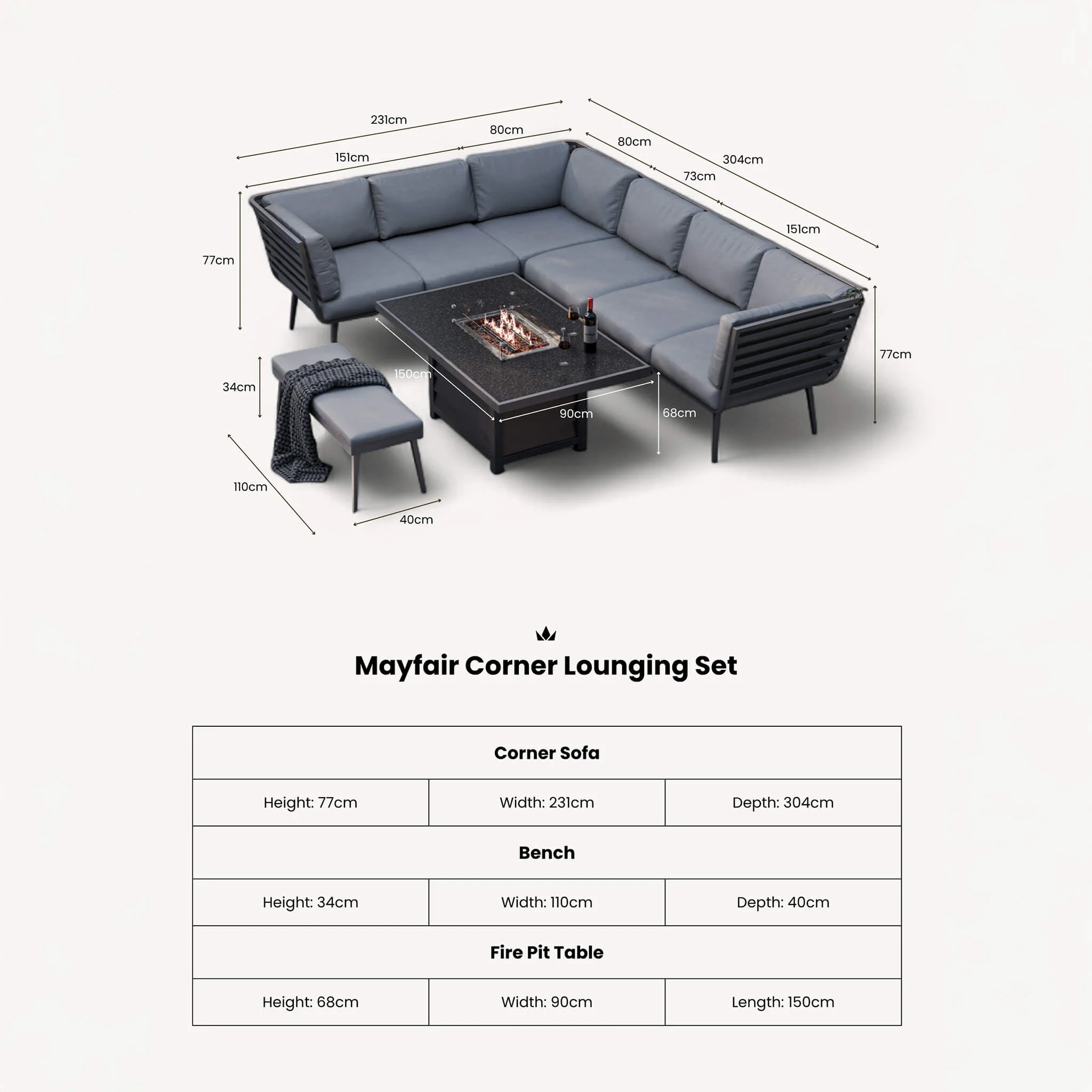 Mayfair Outdoor 8 Seater Corner Lounge Set with Fire Pit and Bench - Grey - Image 13
