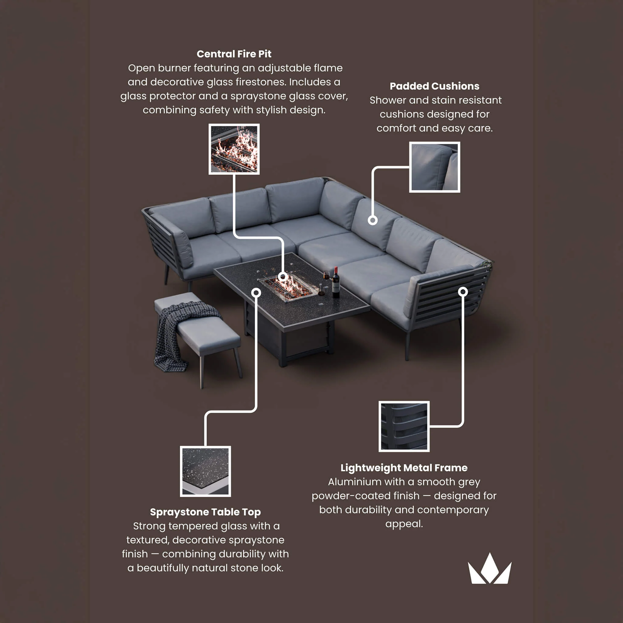 Mayfair Outdoor 8 Seater Corner Lounge Set with Fire Pit and Bench - Grey - Image 14