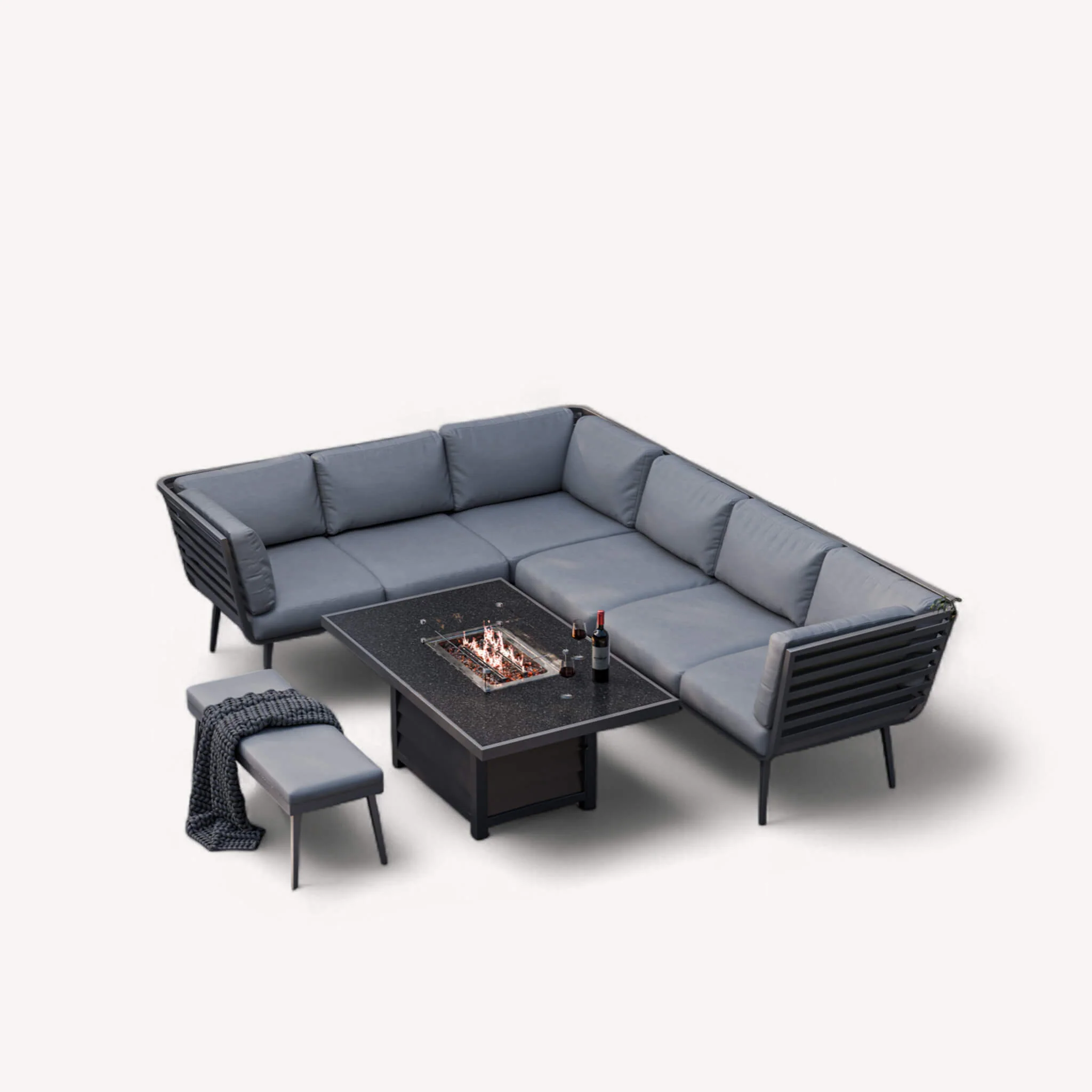 Mayfair Outdoor 8 Seater Corner Lounge Set with Fire Pit and Bench - Grey - Image 6