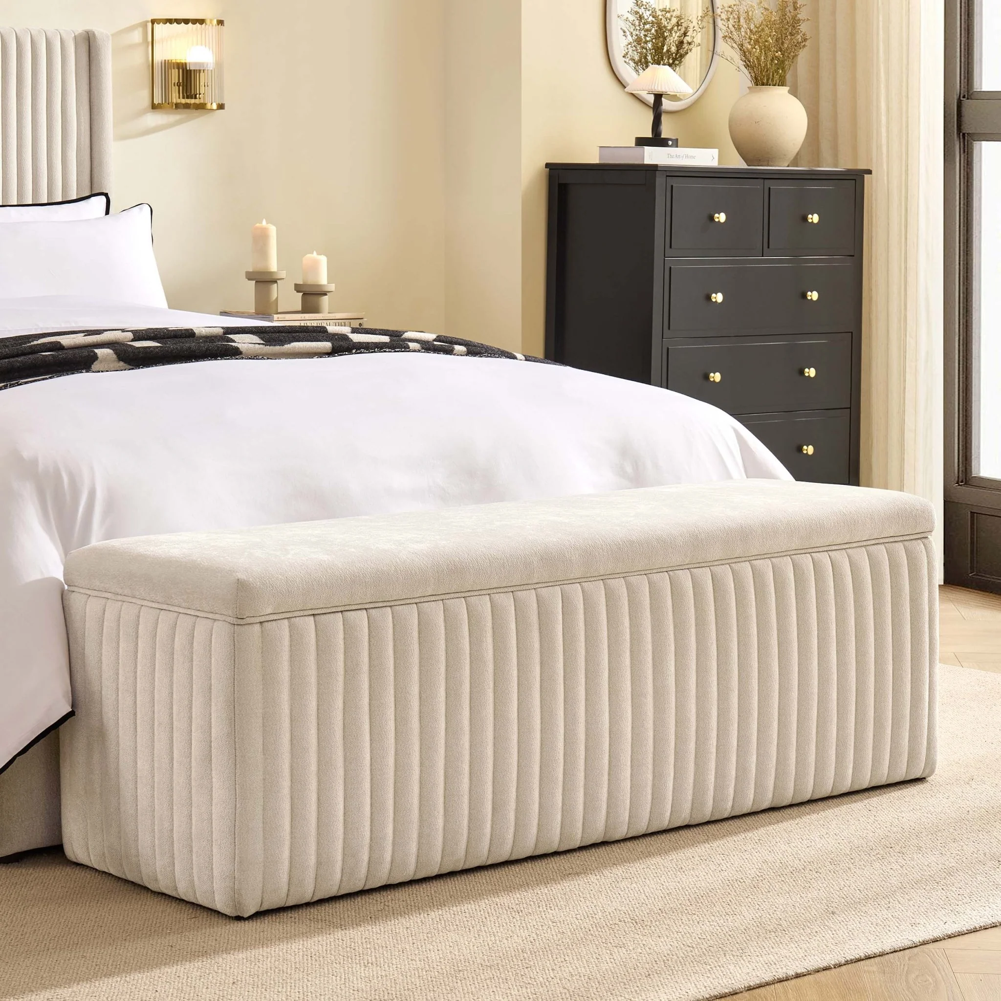 Melrose Ribbed Ottoman Storage Bench - Chenille Ivory