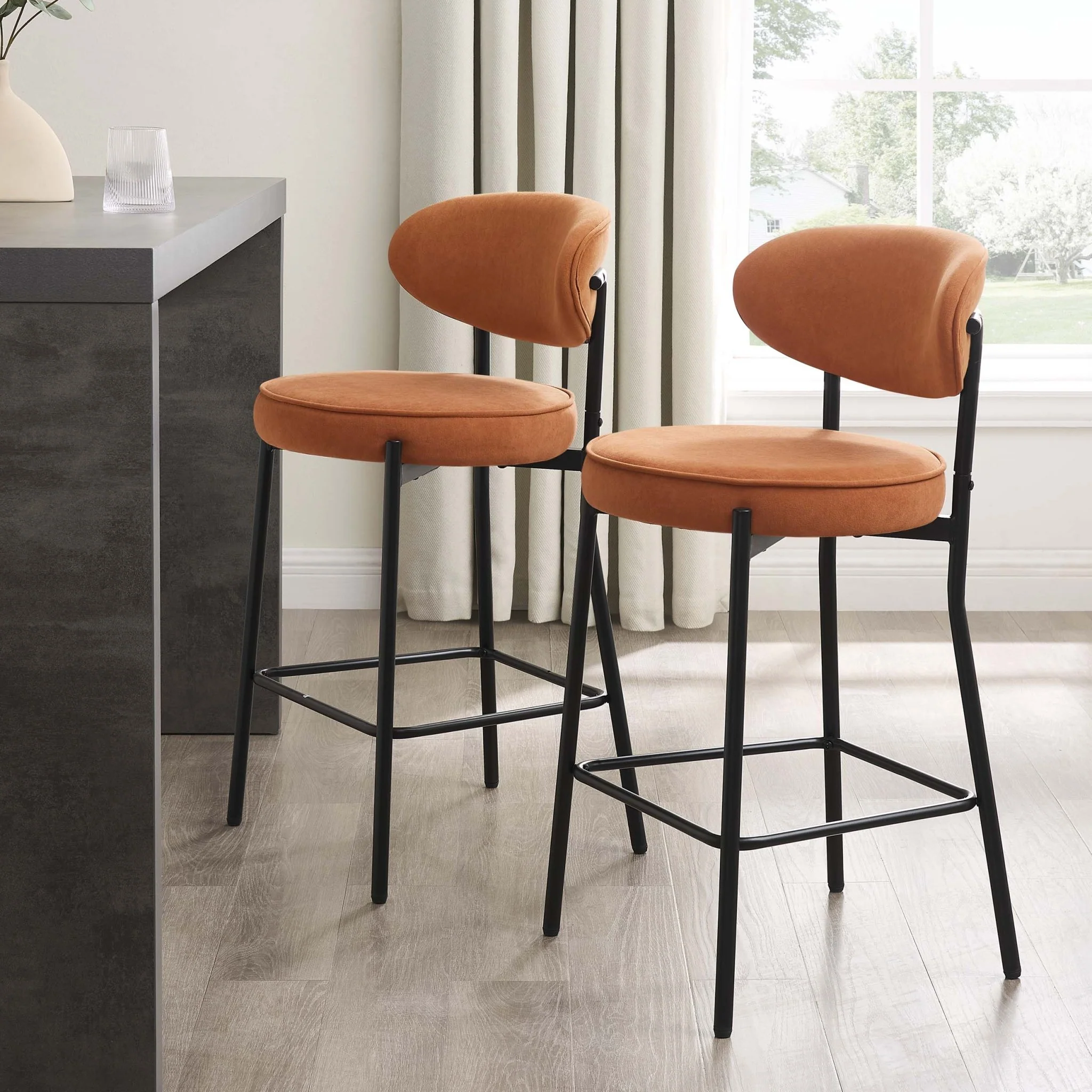 Mia Set of 2 Barstool - Matte Velvet - Burnt Orange