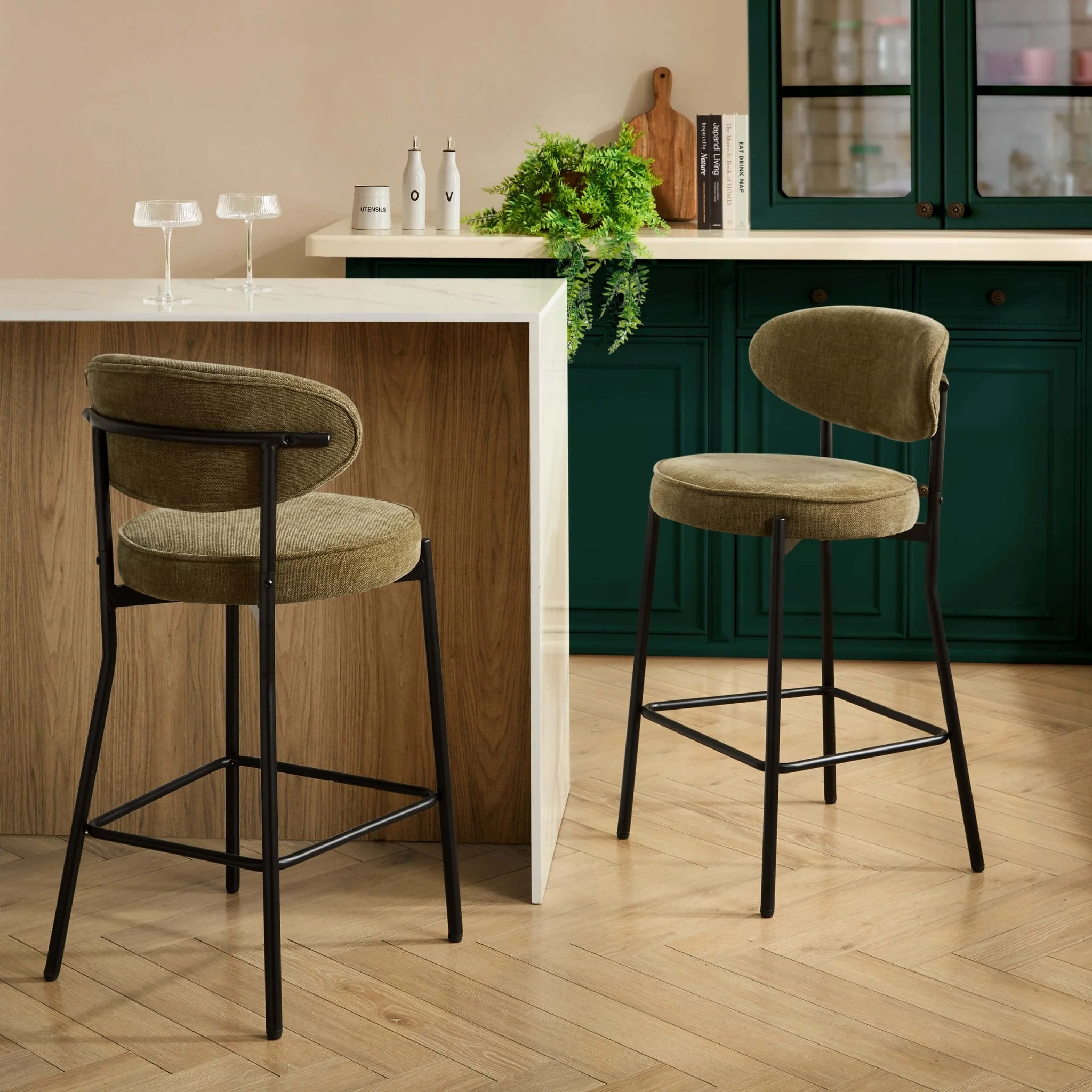Mia Set of 2 Barstools - Chenille Olive