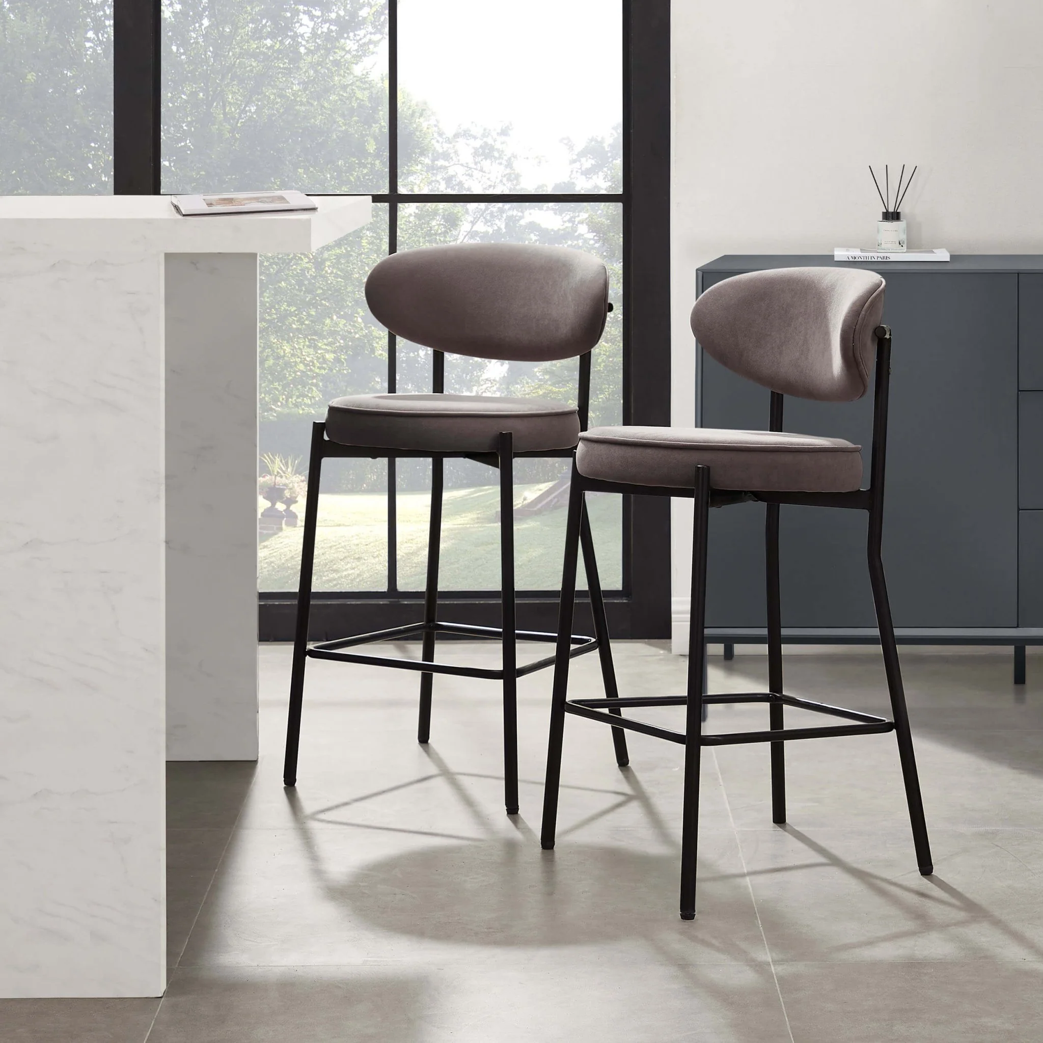 Mia Set of 2 Barstools - Matte Velvet - Taupe