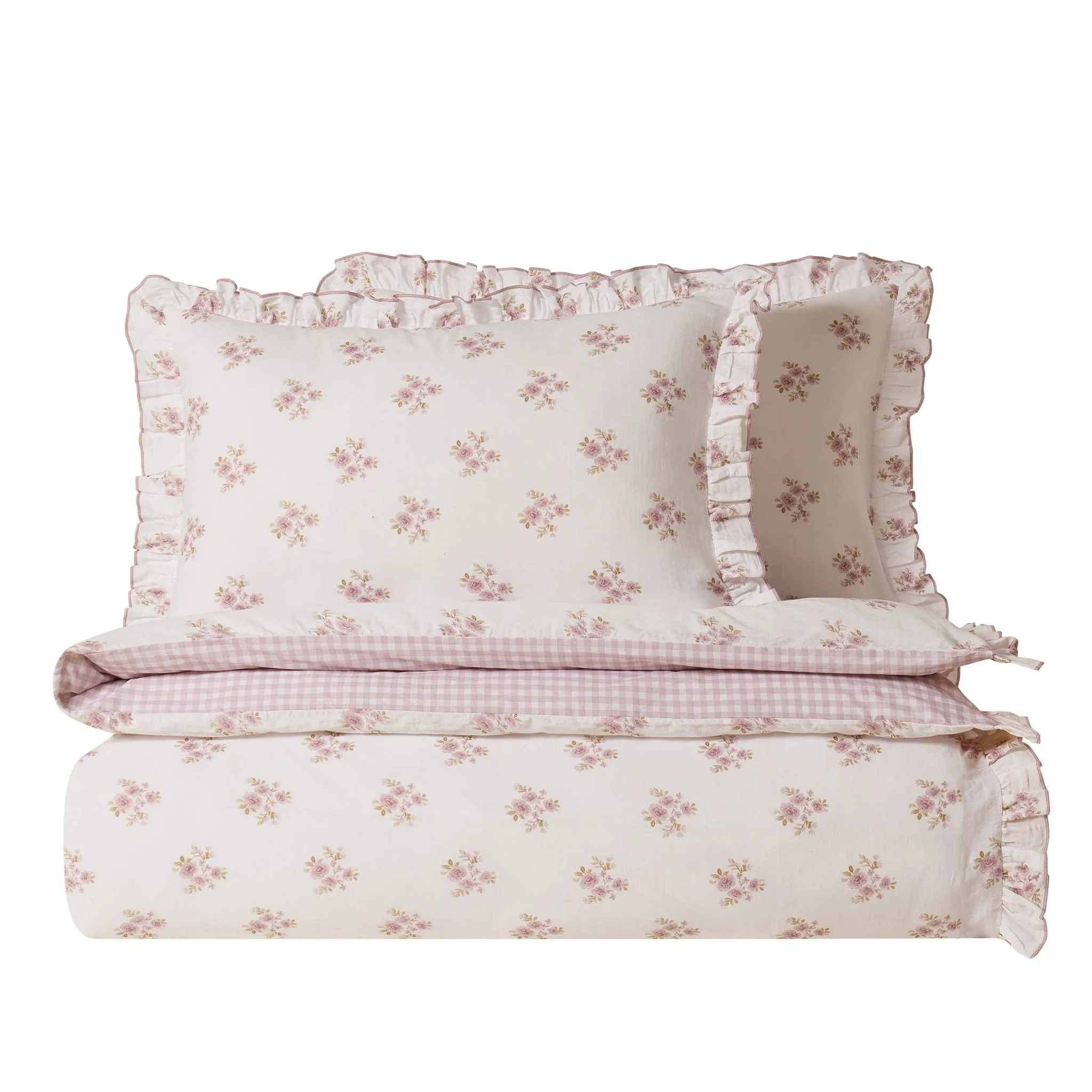Mini Bouquet 100% Cotton Printed Muslin Duvet Cover Set - White/Pink - Image 7
