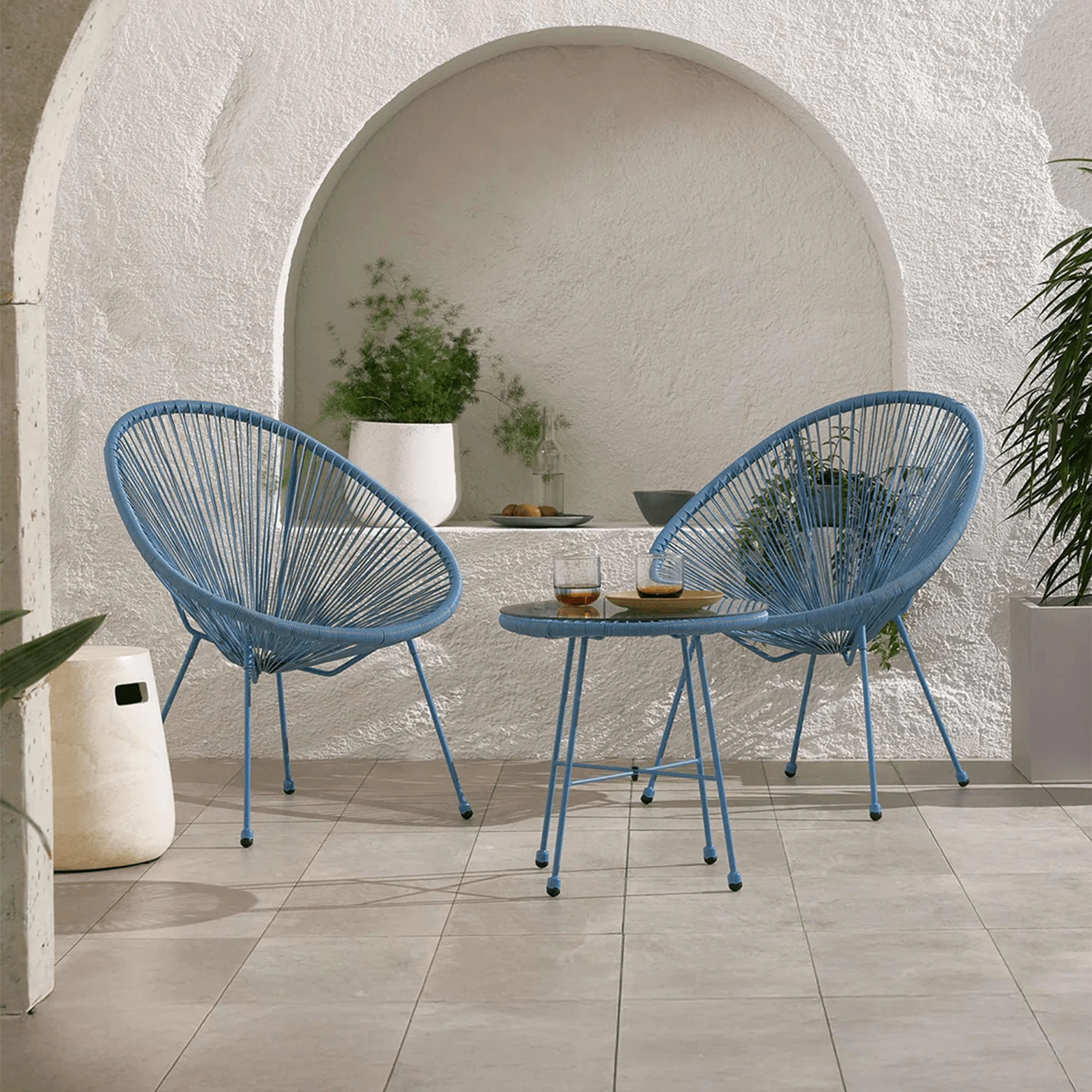 Monaco Outdoor 2 Seater Round Bistro Table and Egg Chairs - Blue