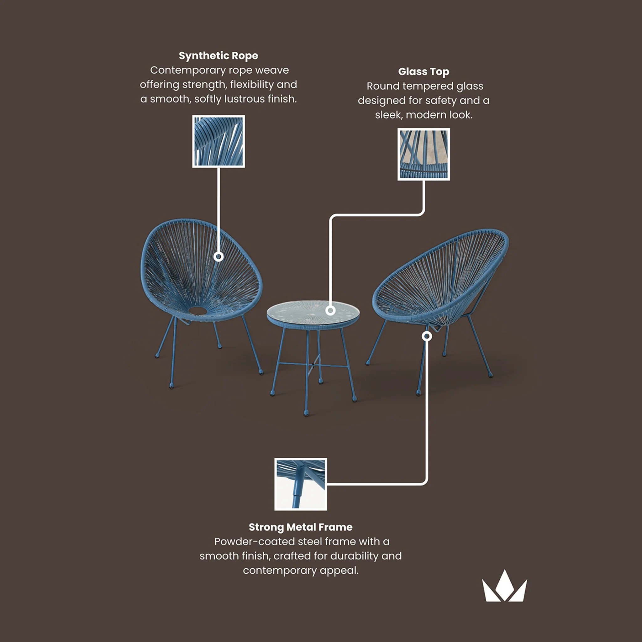 Monaco Outdoor 2 Seater Round Bistro Table and Egg Chairs - Blue - Image 8