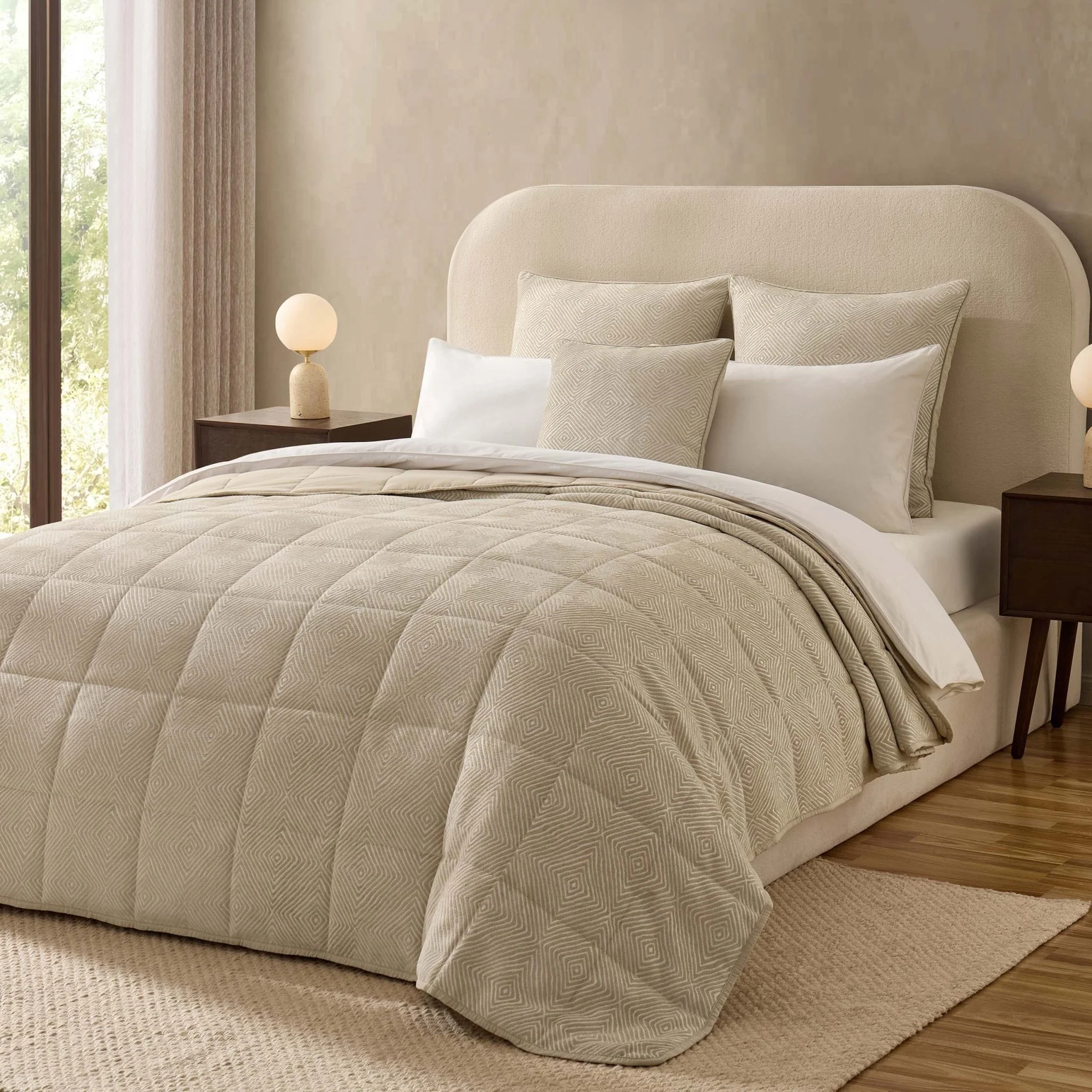 Nairobi Geo Chenille Stitch Quilt Bedspread - Taupe/White