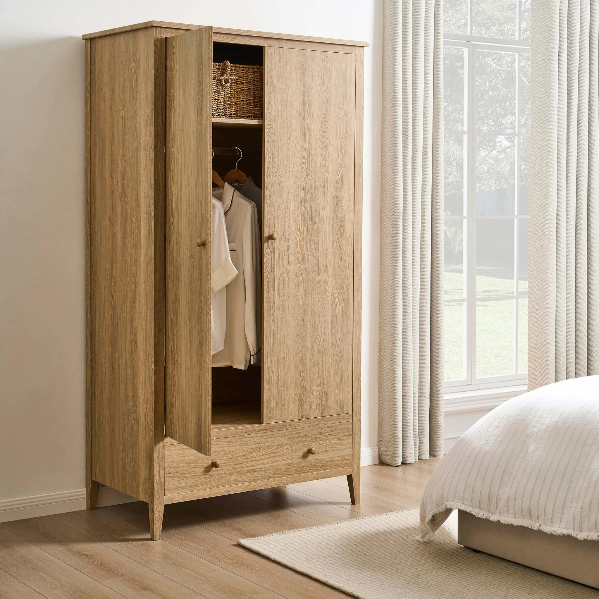 Nell 2 Door Wardrobe with Drawer - Light Wood