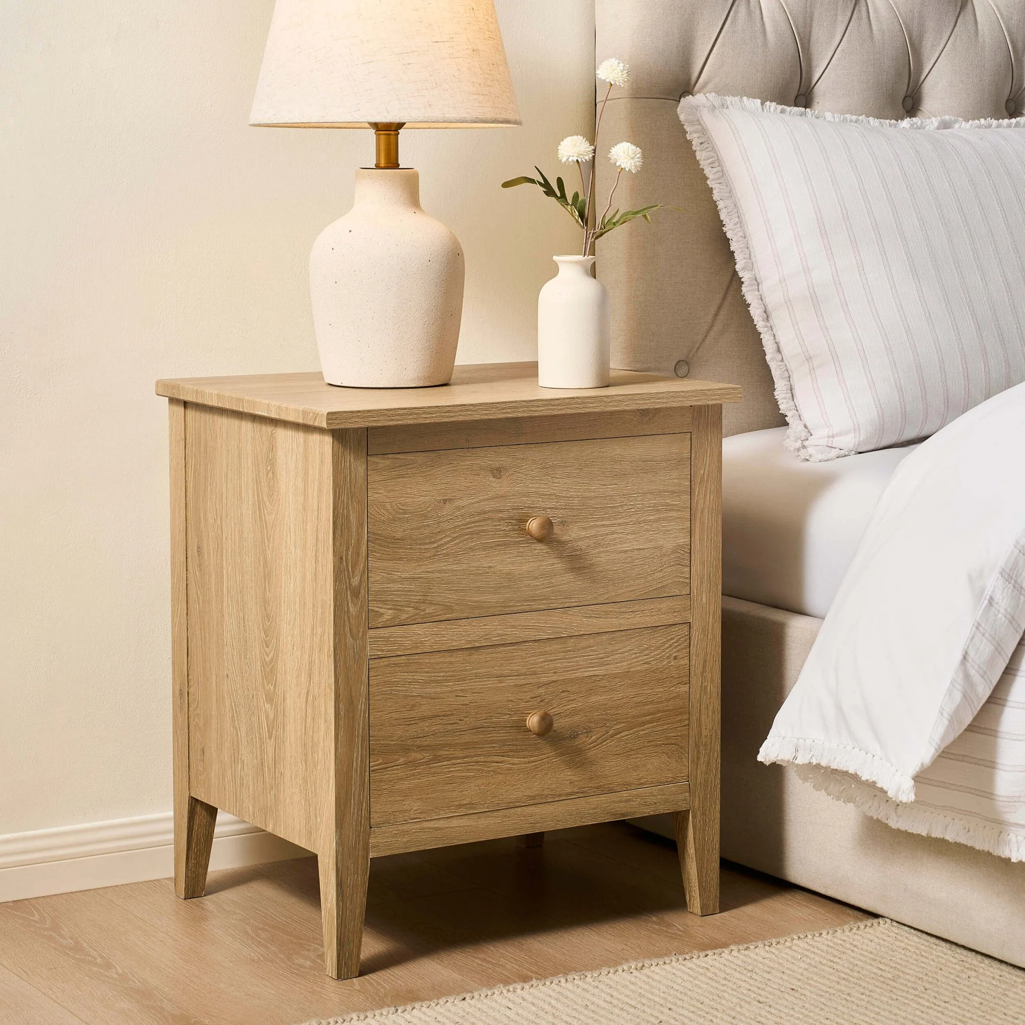 Nell 2 Drawer Bedside Table - Light Wood - Image 2