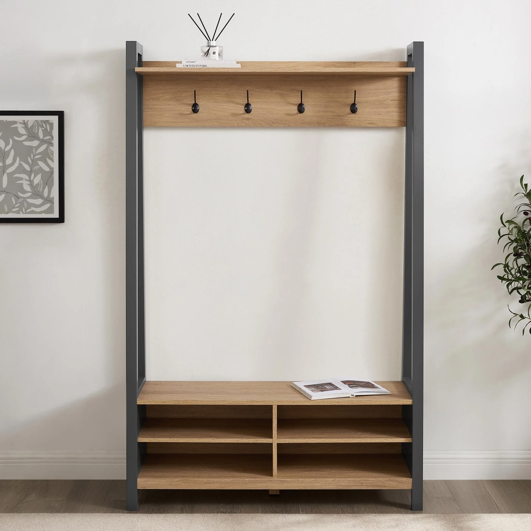 Nell Hallway Shelf with Hooks - Charcoal