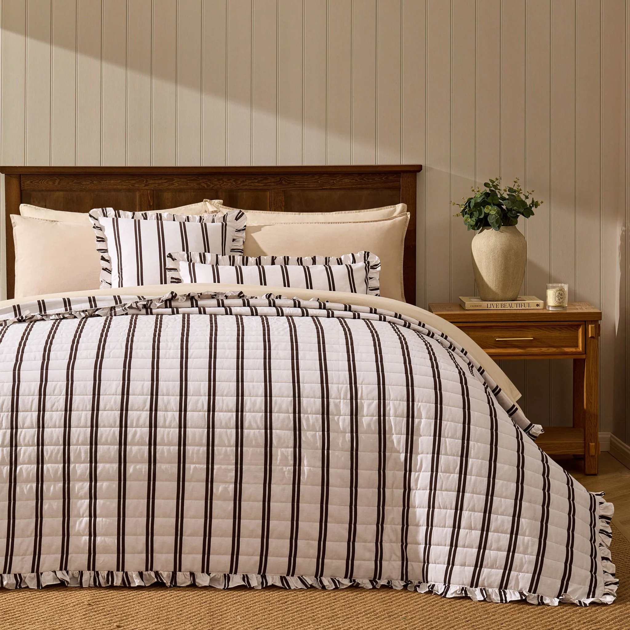 Noa Ruffle Edge Stripe Bedspread - Chocolate - Image 3