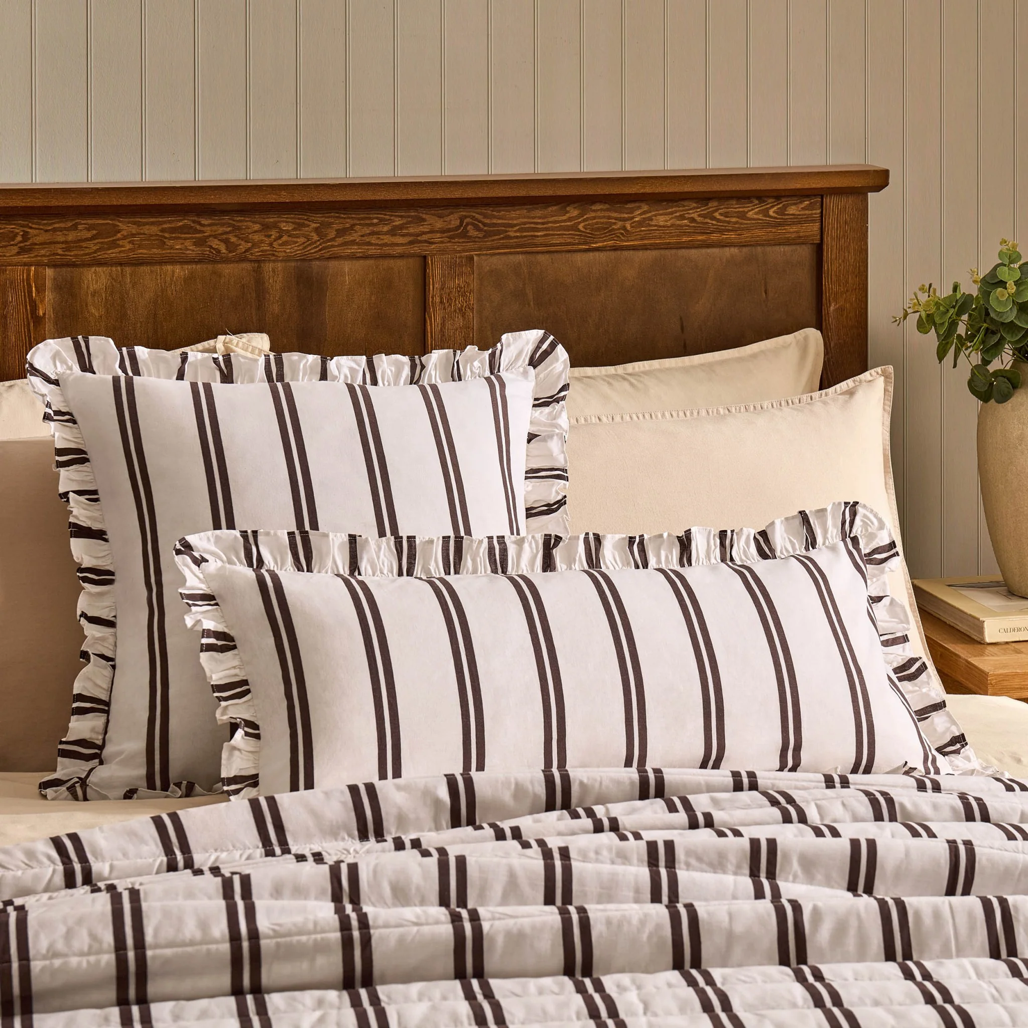 Noa Ruffle Edge Stripe Cushion Cover - Chocolate