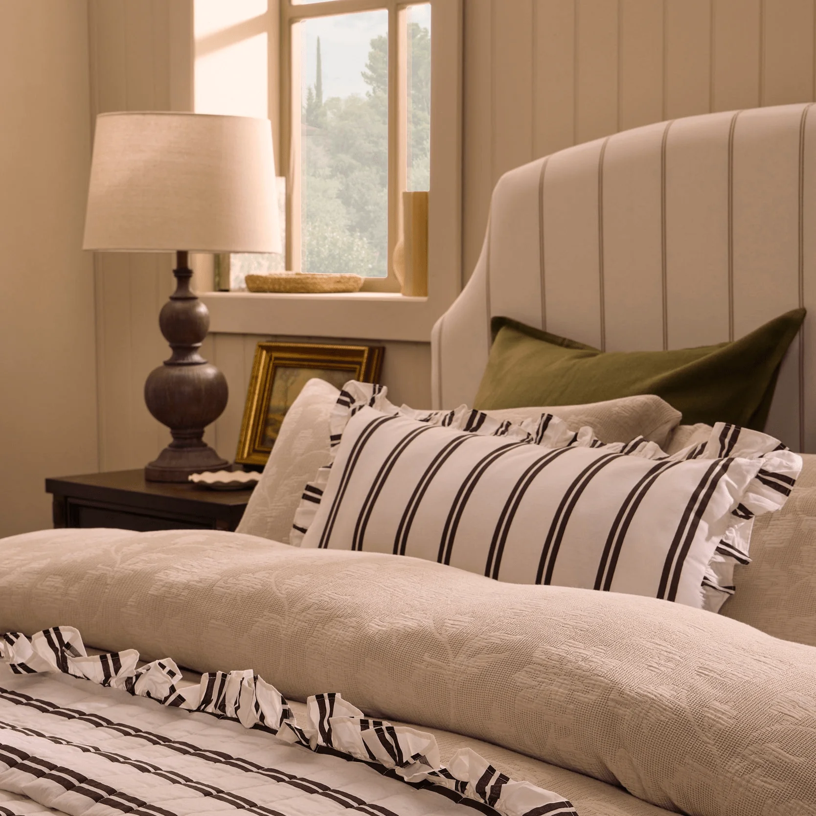 Noa Ruffle Edge Stripe Cushion Cover - Chocolate - Image 2