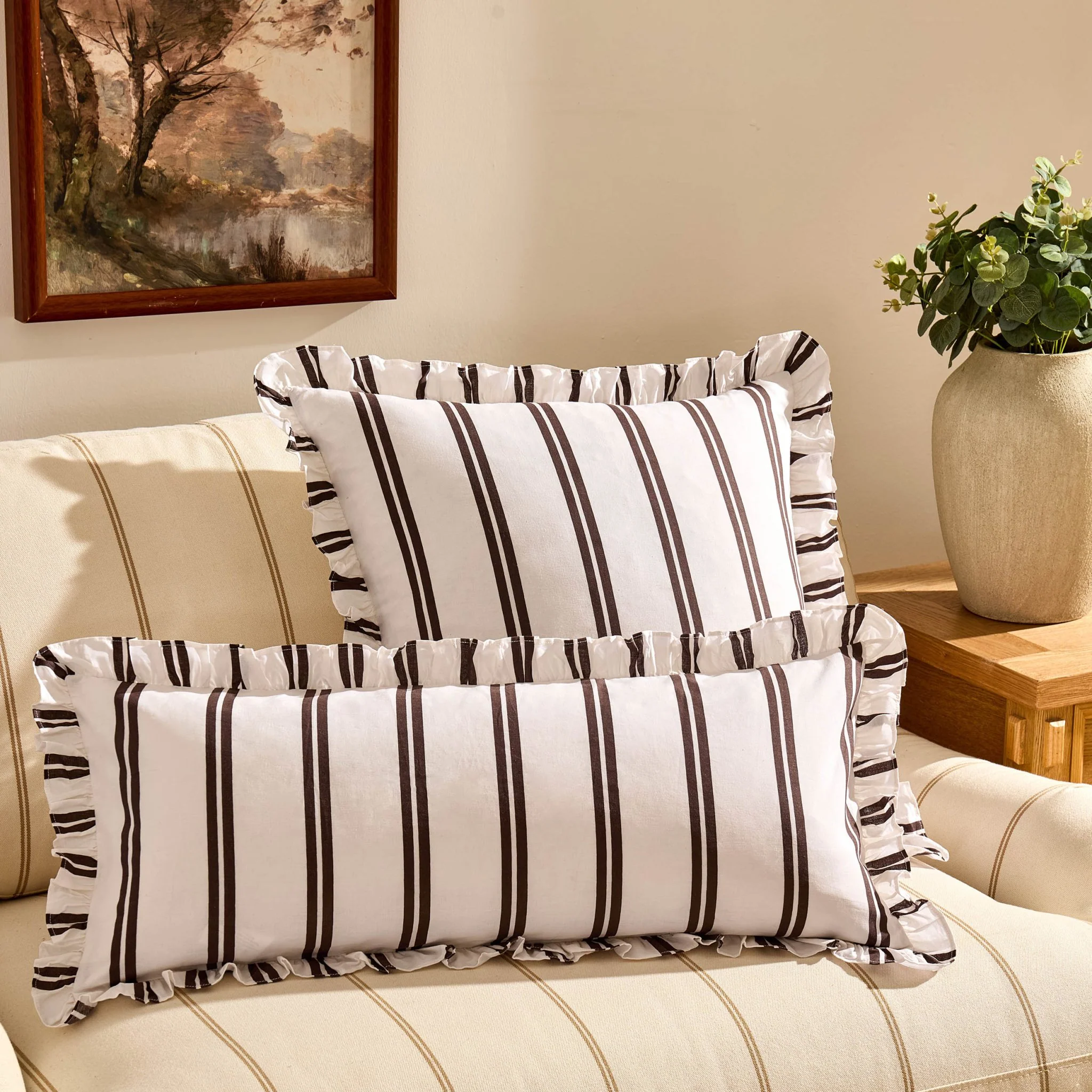 Noa Ruffle Edge Stripe Sofa Cushion Cover - Chocolate