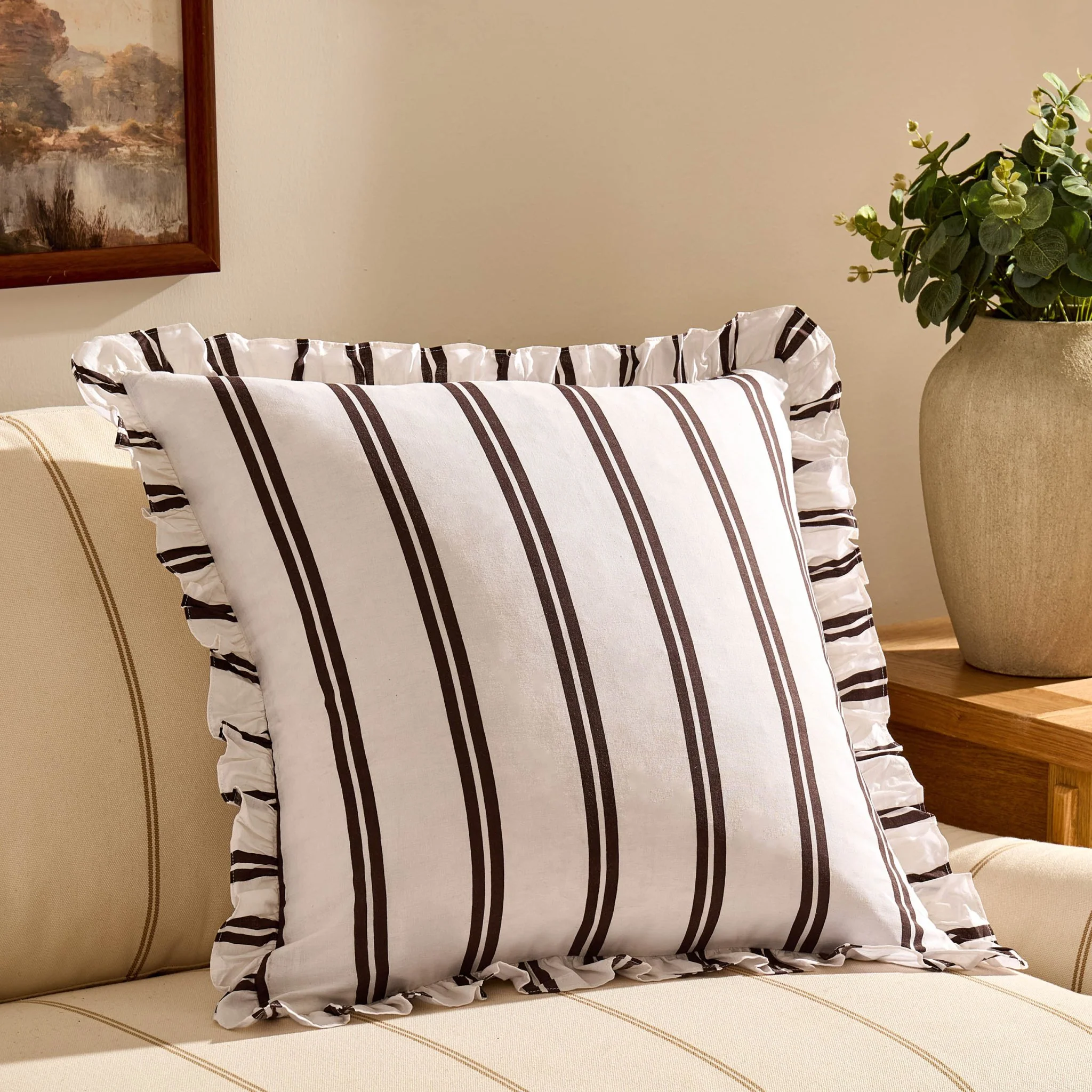 Noa Ruffle Edge Stripe Sofa Cushion Cover - Chocolate - Image 2