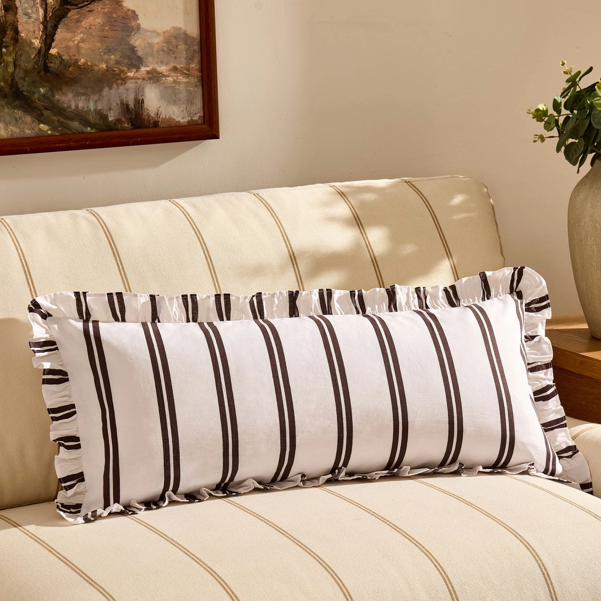 Noa Ruffle Edge Stripe Sofa Cushion Cover - Chocolate - Image 3