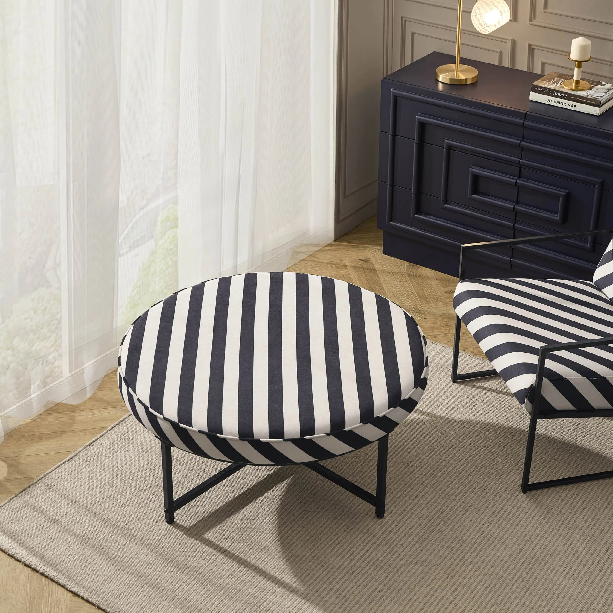Northwich Black Metal Frame Pouffe - Mono Stripe - Image 2