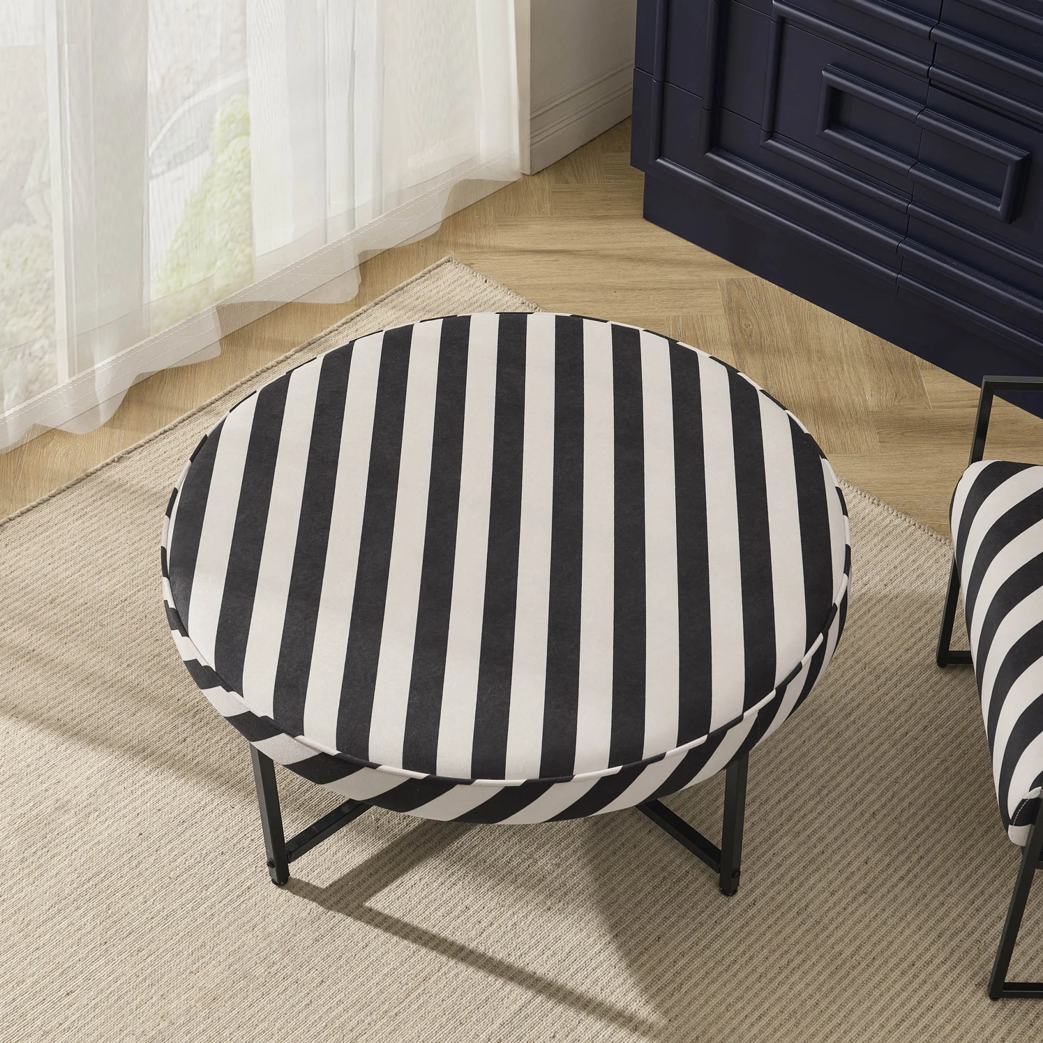 Northwich Black Metal Frame Pouffe - Mono Stripe - Image 3